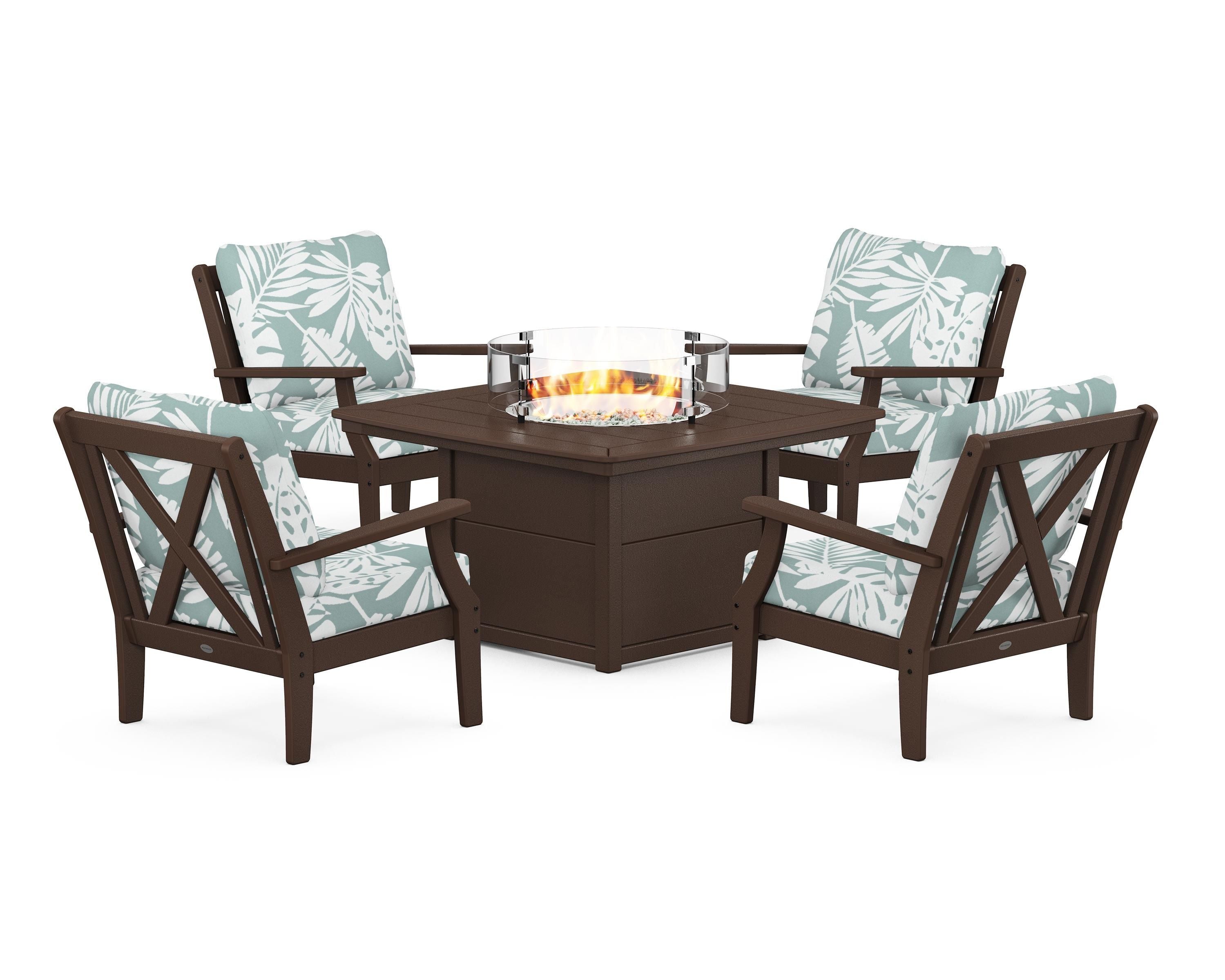 POLYWOOD® Braxton 5-Piece Deep Seating Conversation Set with Fire Pit Table in Mahogany / Leaf Glacier Spa