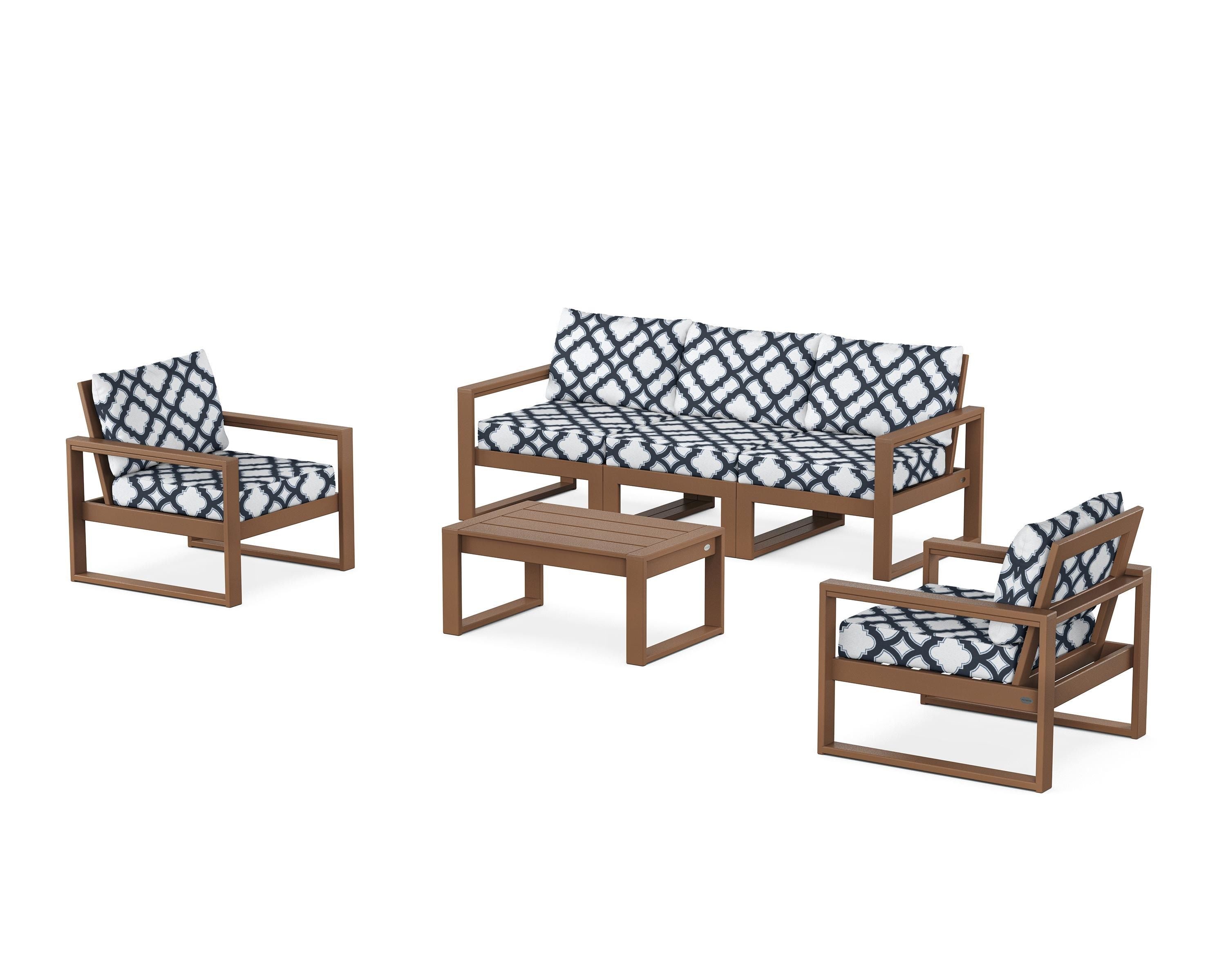 POLYWOOD® EDGE Sectional 4-Piece Deep Seating Set with Sofa in Teak / Trellis Marine Indigo