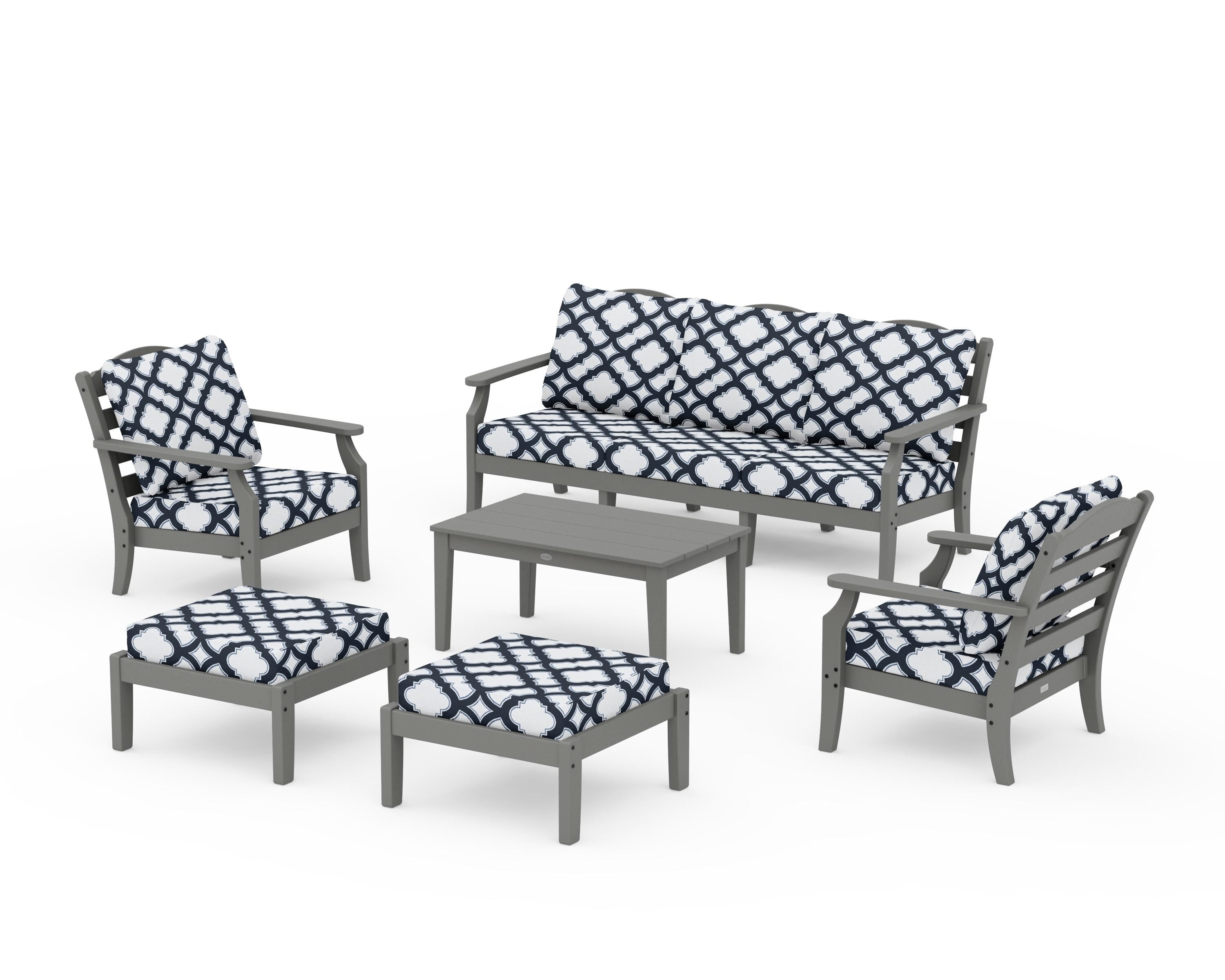 Draper James™ by POLYWOOD® Savannah 6-Piece Lounge Sofa Set in Slate Grey / Trellis Marine Indigo