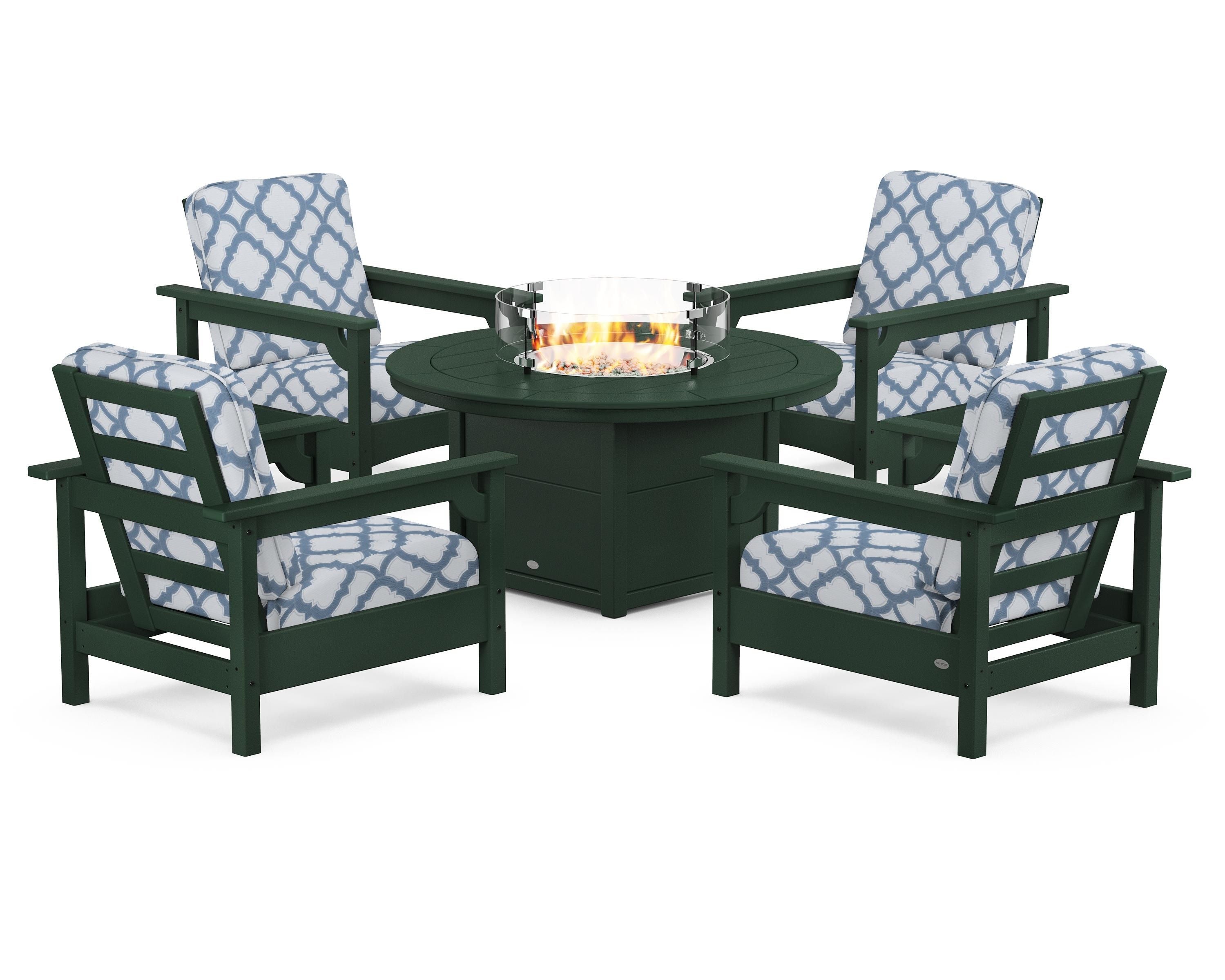 POLYWOOD® Club 5-Piece Conversation Set with Fire Pit Table in Green / Trellis Sky Blue