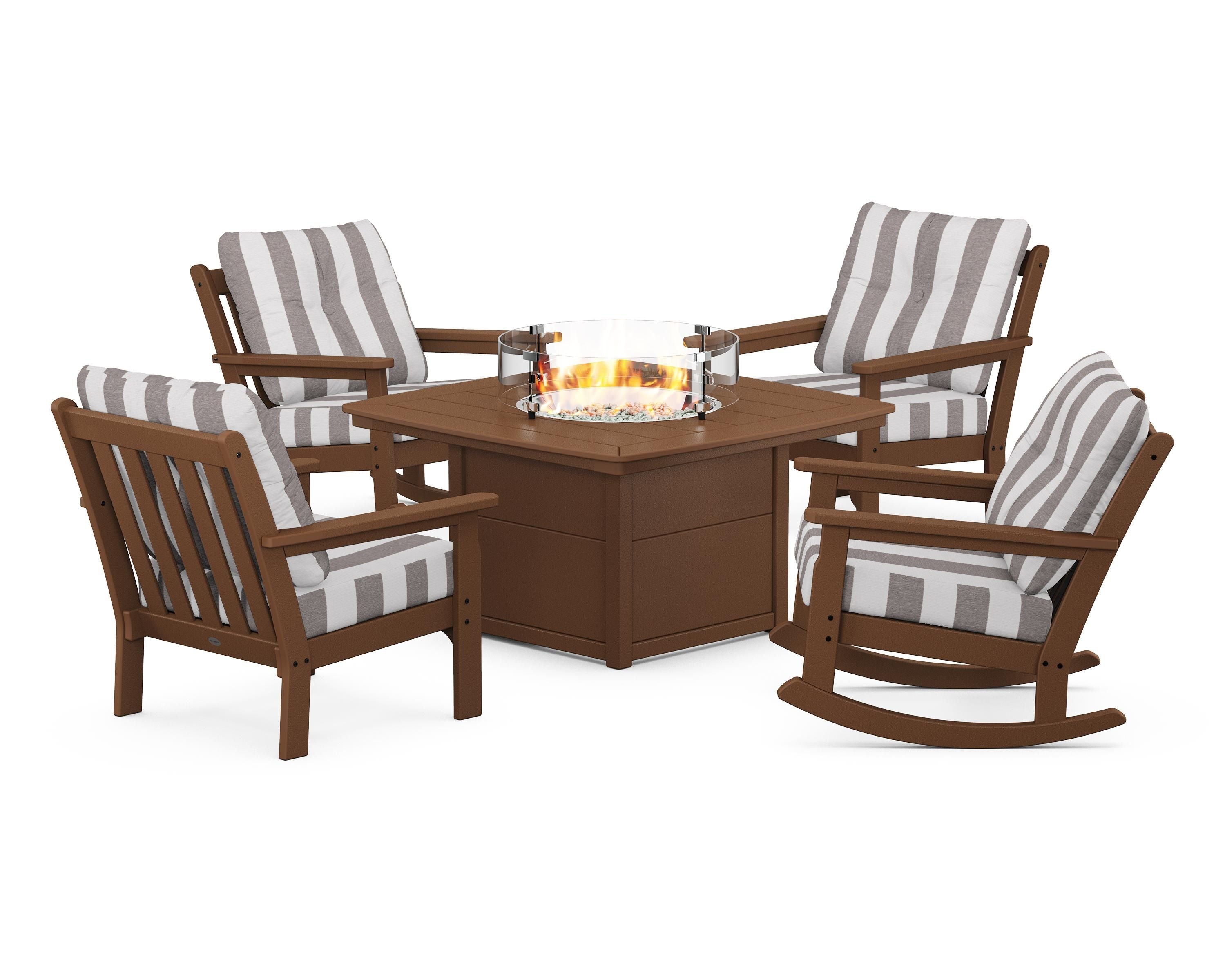 POLYWOOD® Vineyard 5-Piece Deep Seating Rocking Chair Conversation Set with Fire Pit Table in Teak / Cabana Stripe Grey Mist