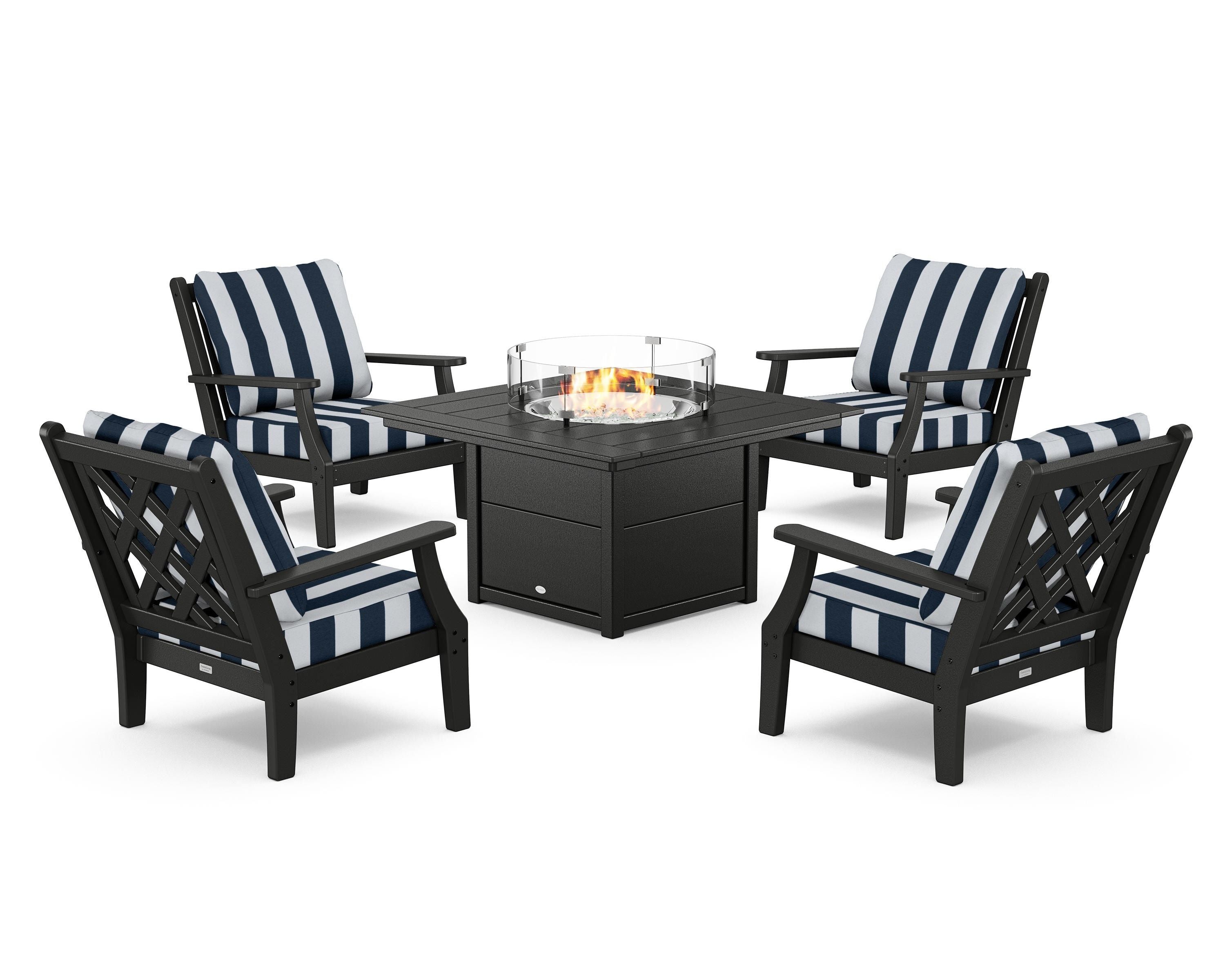Country Living Wovendale 5-Piece Deep Seating Set with Fire Pit Table in Black / Cabana Stripe Marine Indigo