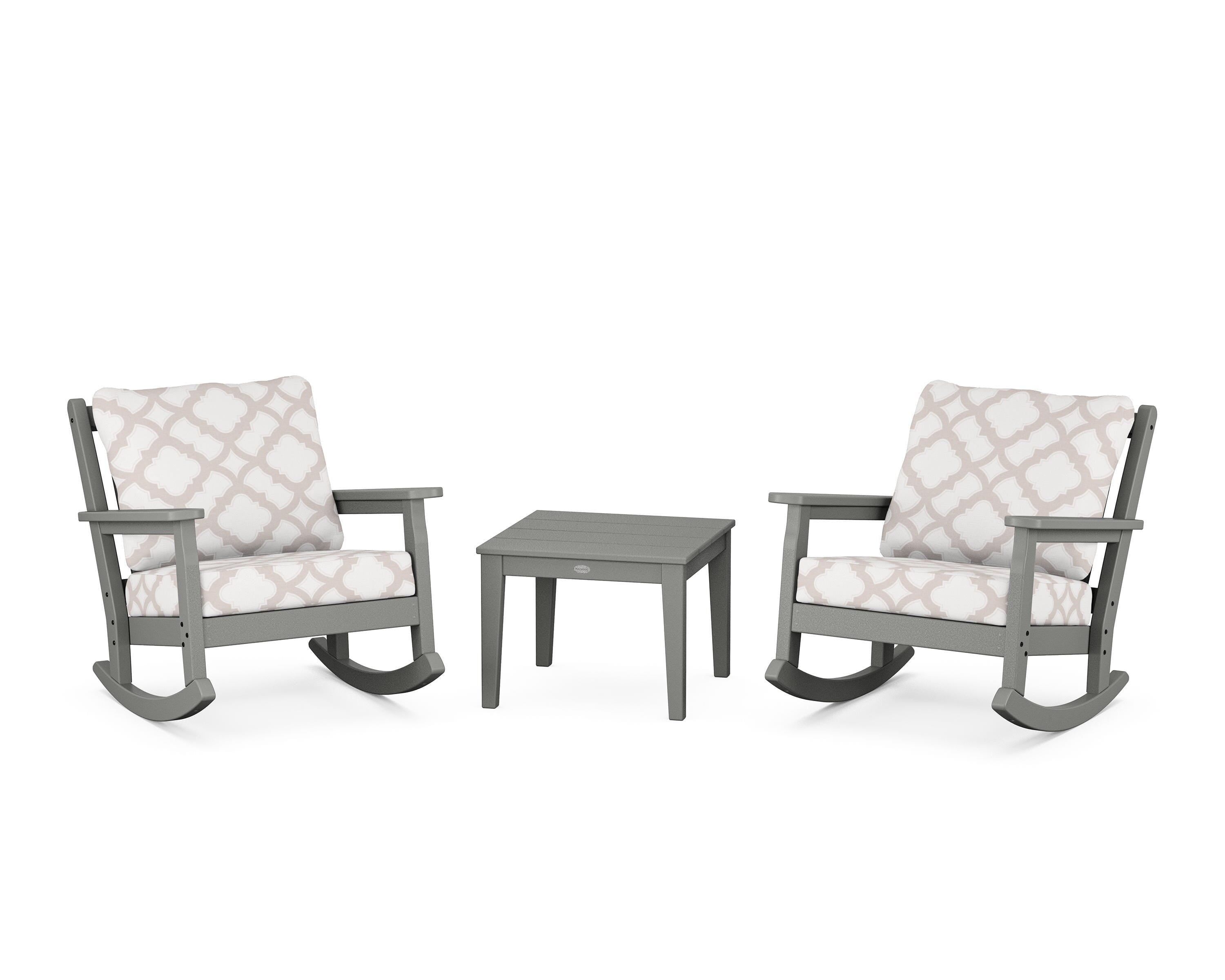 POLYWOOD® Chippendale 3-Piece Deep Seating Rocker Set in Slate Grey / Trellis Dune Burlap