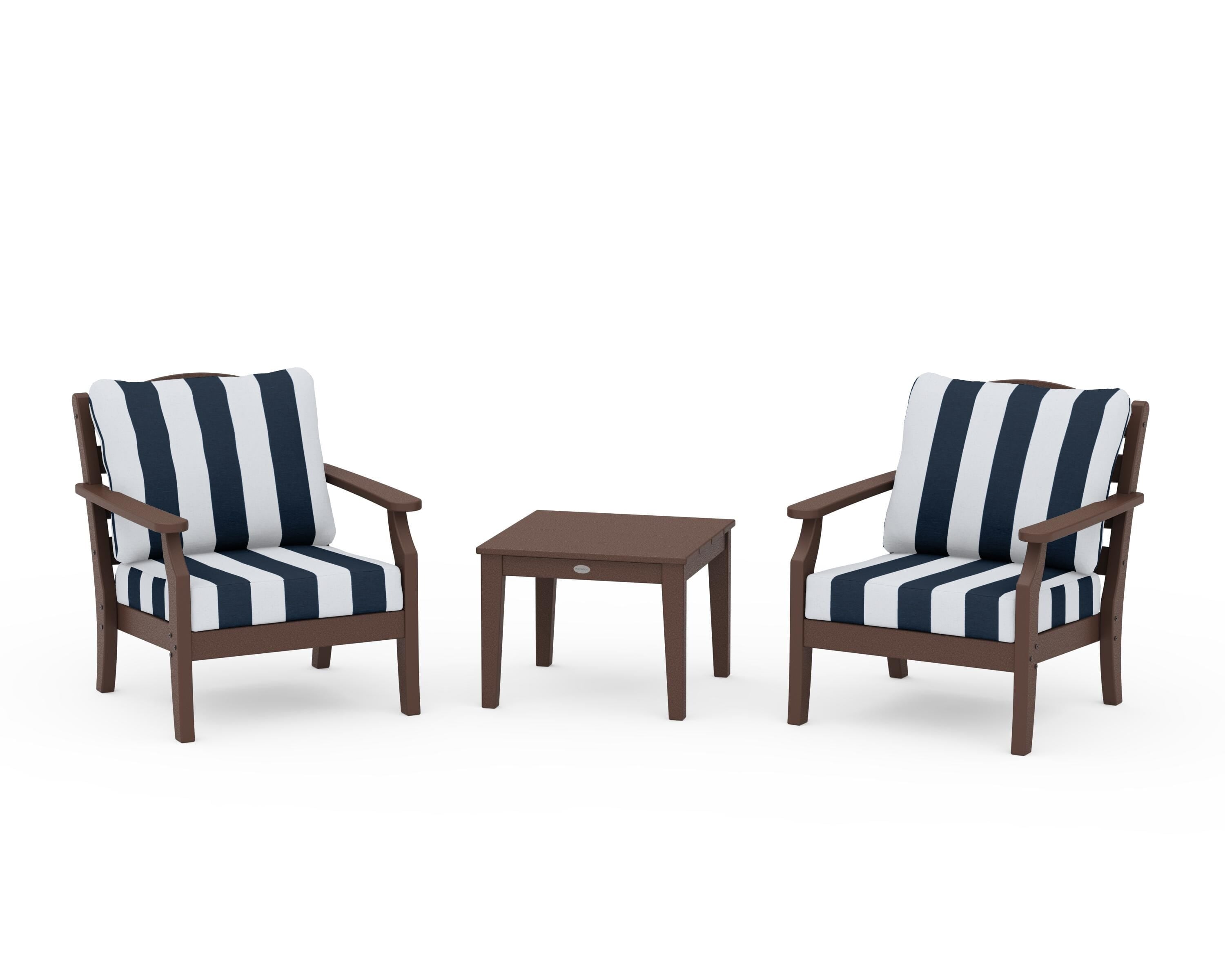 Draper James™ by POLYWOOD® Savannah 3-Piece Deep Seating Set in Mahogany / Cabana Stripe Marine Indigo