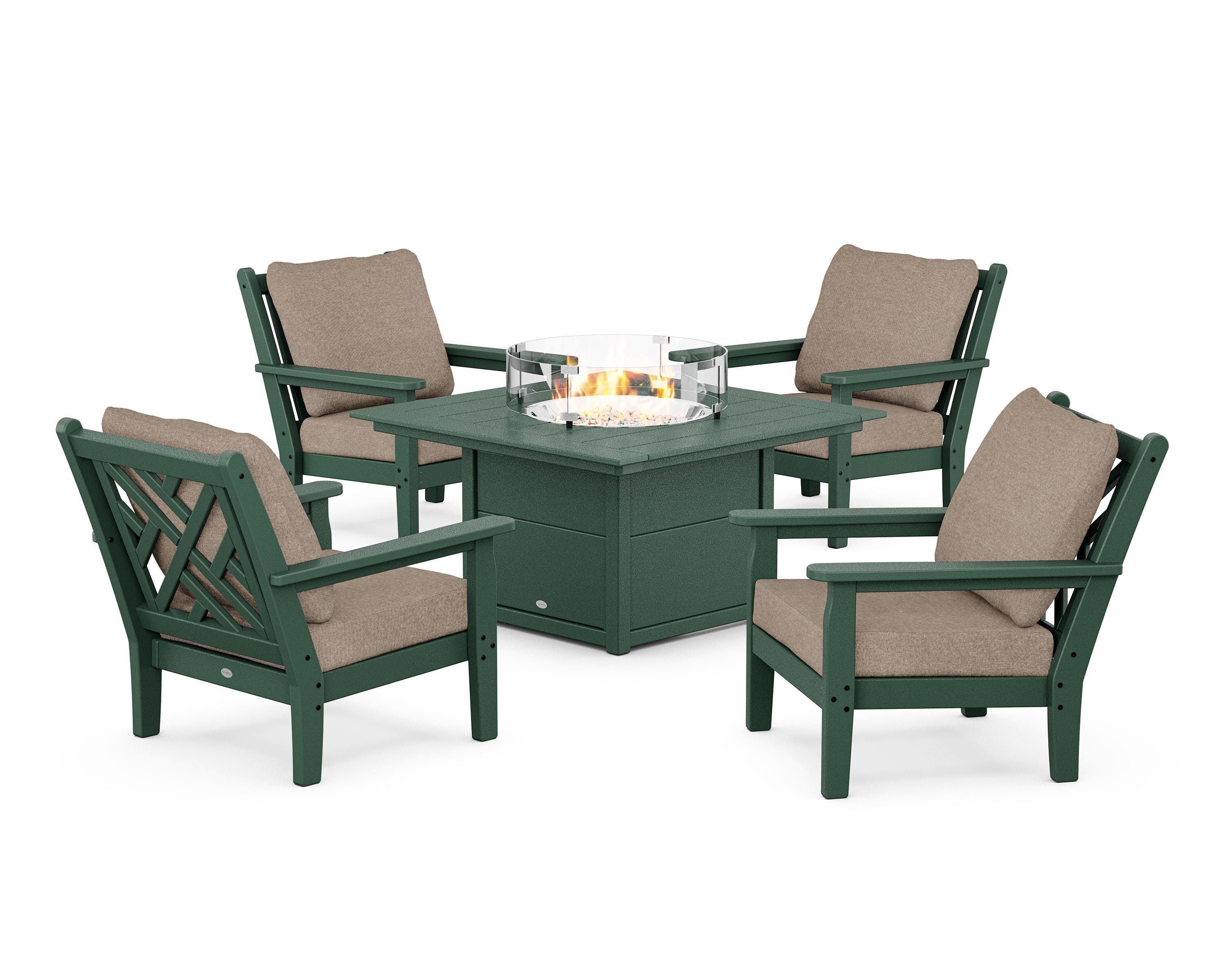 POLYWOOD® Chippendale 5-Piece Deep Seating Set with Fire Pit Table in Green / Spiced Burlap