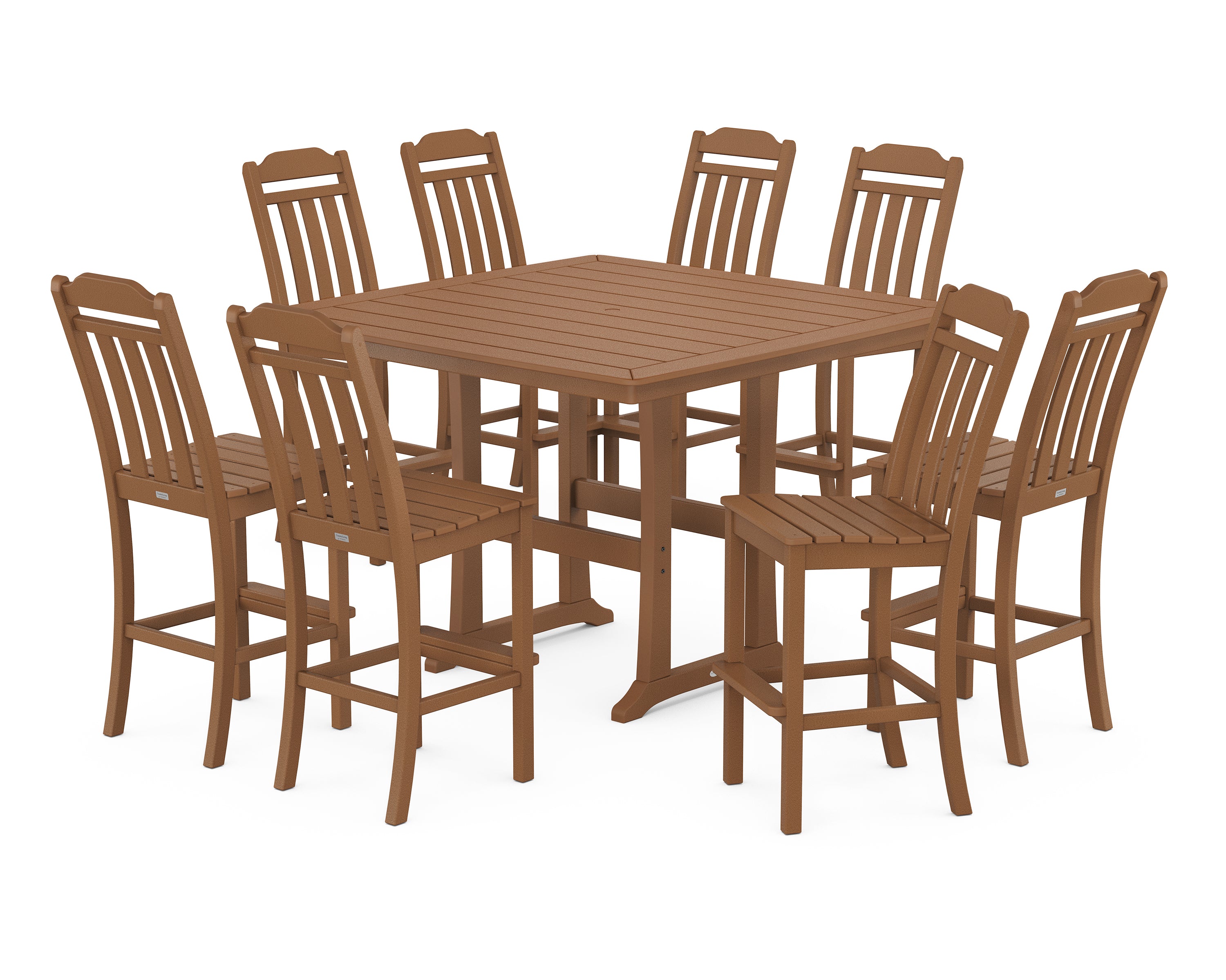 Country Living Cottage 9-Piece Square Side Chair Bar Set with Trestle Legs in Teak