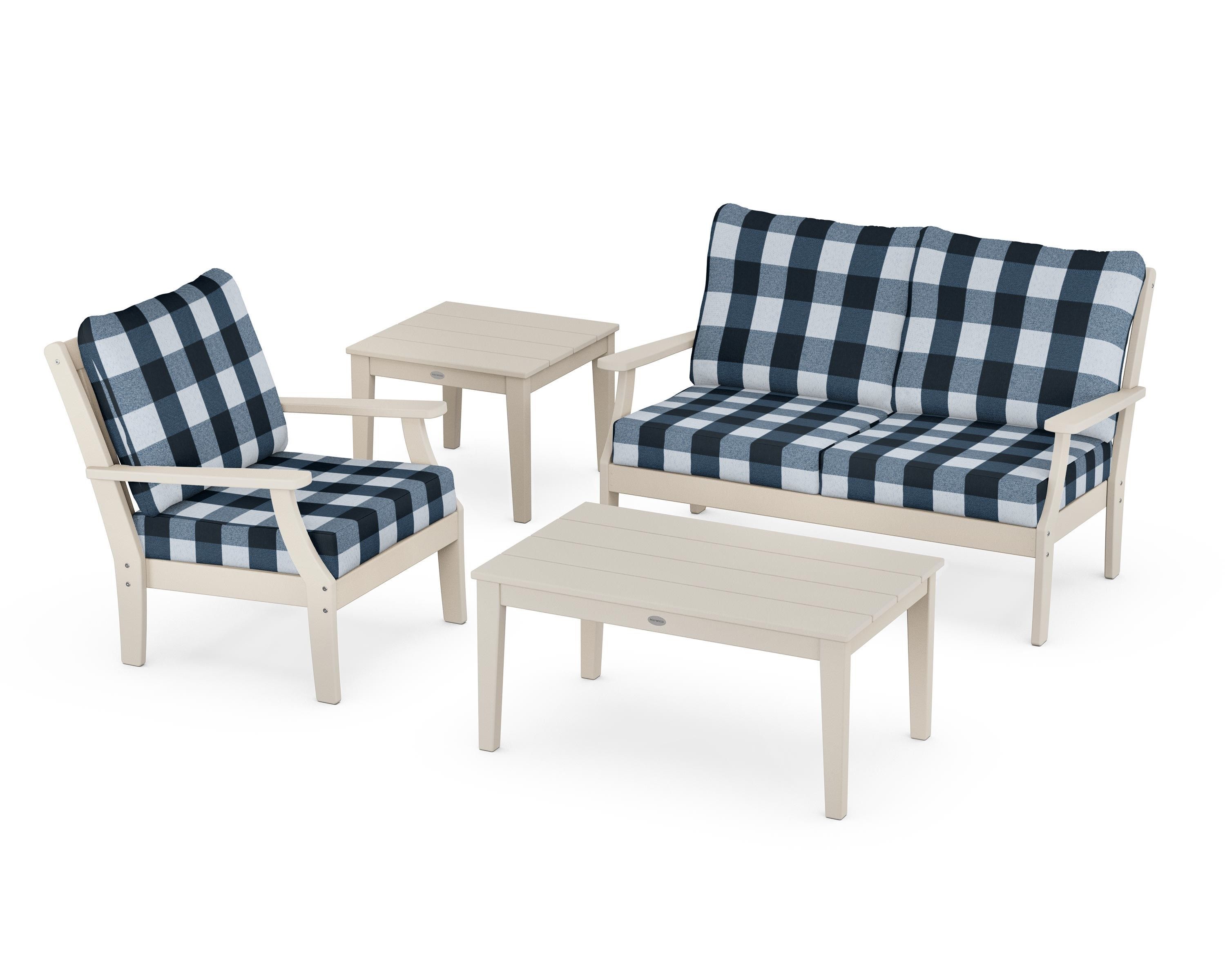 POLYWOOD® Braxton 4-Piece Deep Seating Set in Sand / Buffalo Plaid Marine Indigo