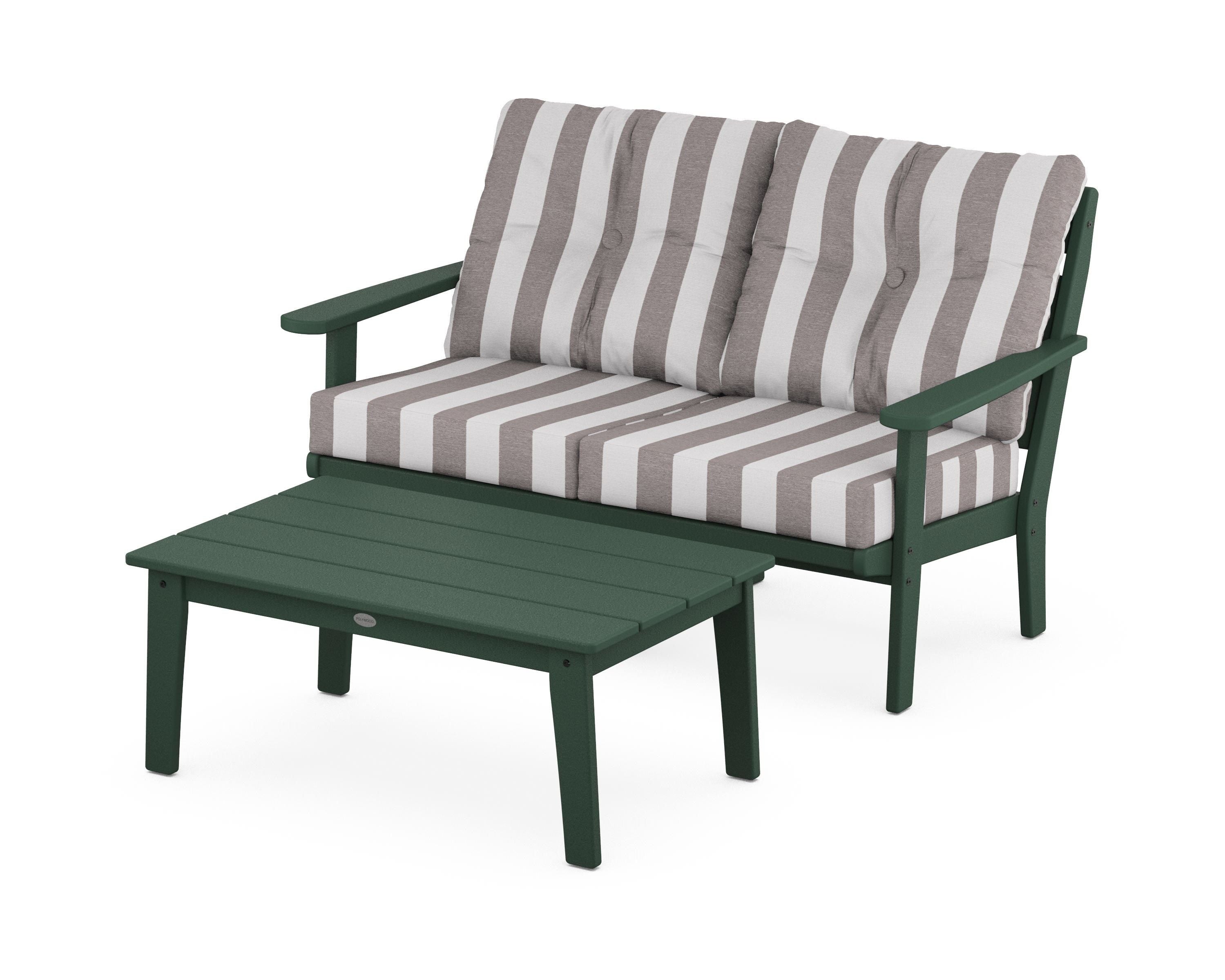 POLYWOOD® Lakeside 2-Piece Lounge Loveseat Set in Green / Cabana Stripe Grey Mist