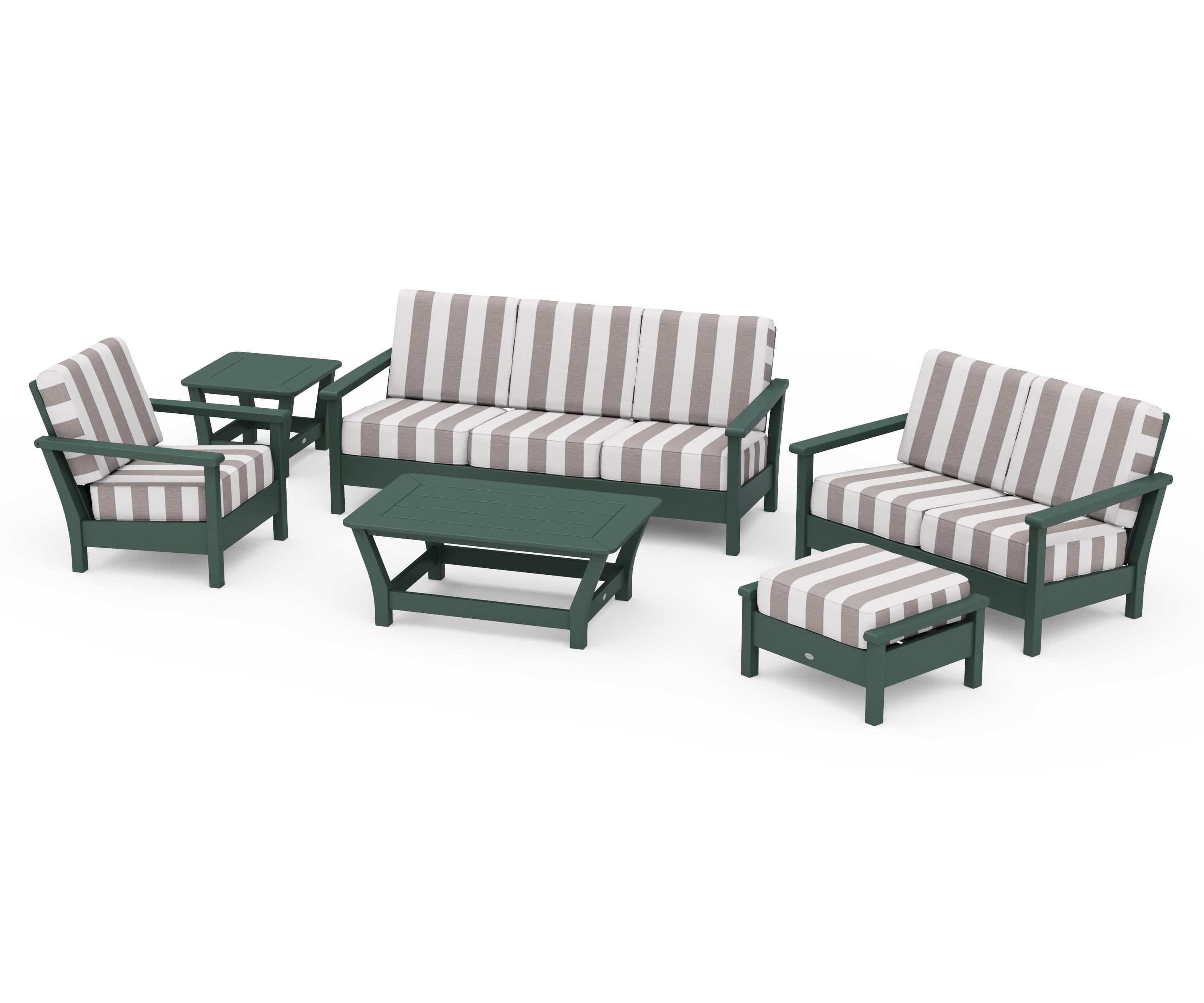 POLYWOOD® Harbour 6-Piece Outdoor Living Set in Green / Cabana Stripe Grey Mist