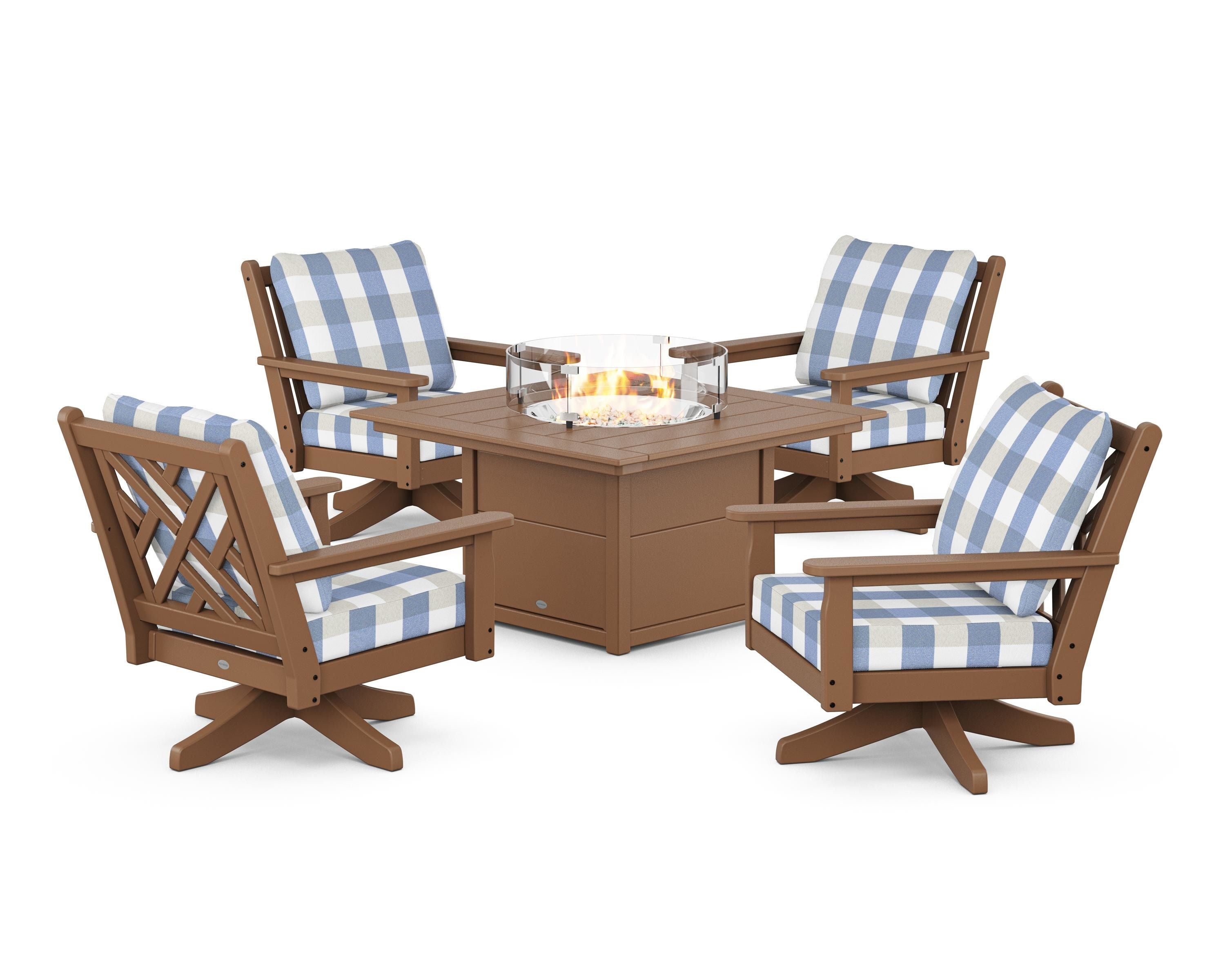 POLYWOOD® Chippendale 5-Piece Deep Seating Swivel Conversation Set with Fire Pit Table in Teak / Buffalo Plaid Sky Blue