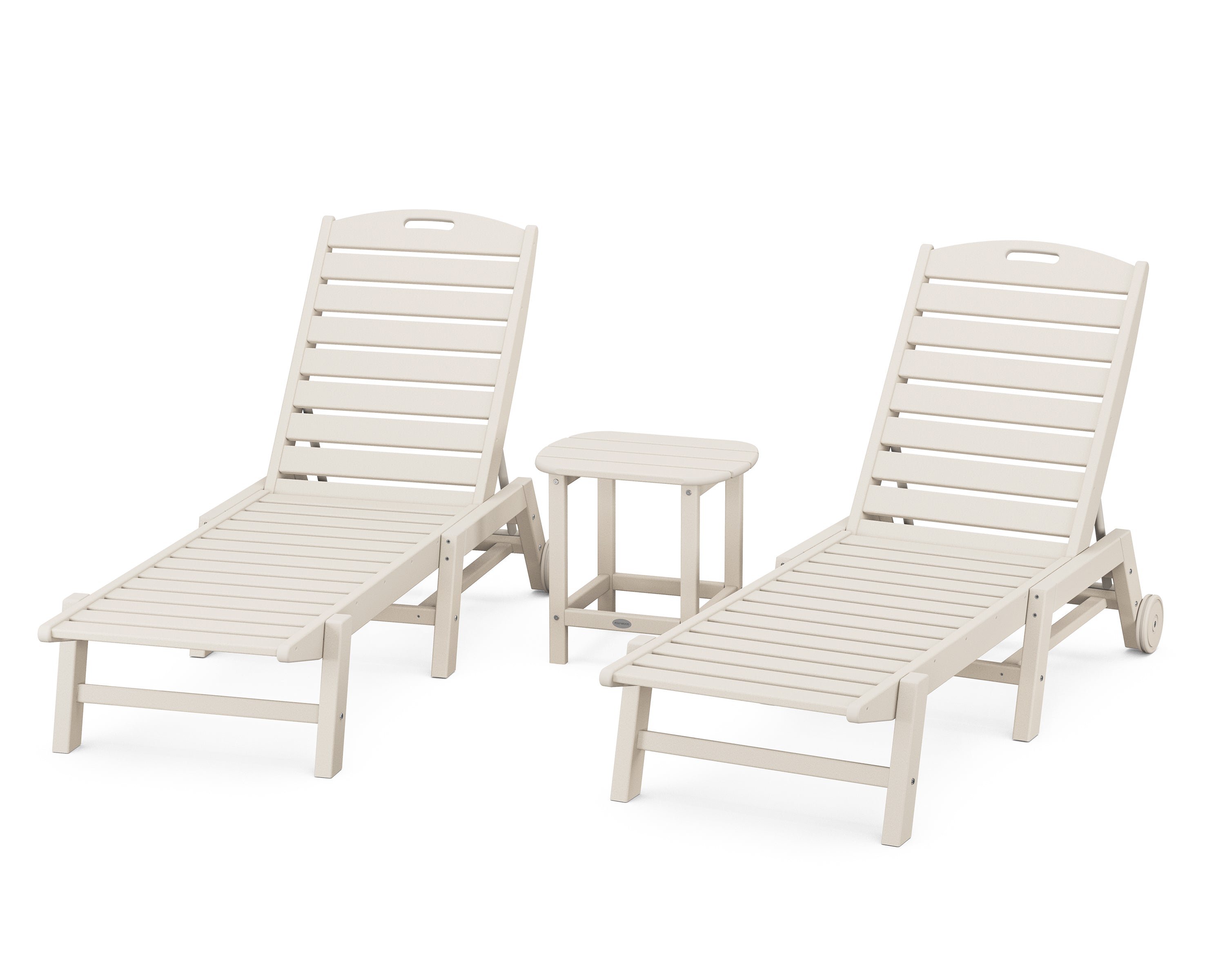 POLYWOOD® Nautical 3-Piece Chaise Lounge with Wheels Set with South Beach 18" Side Table in Sand
