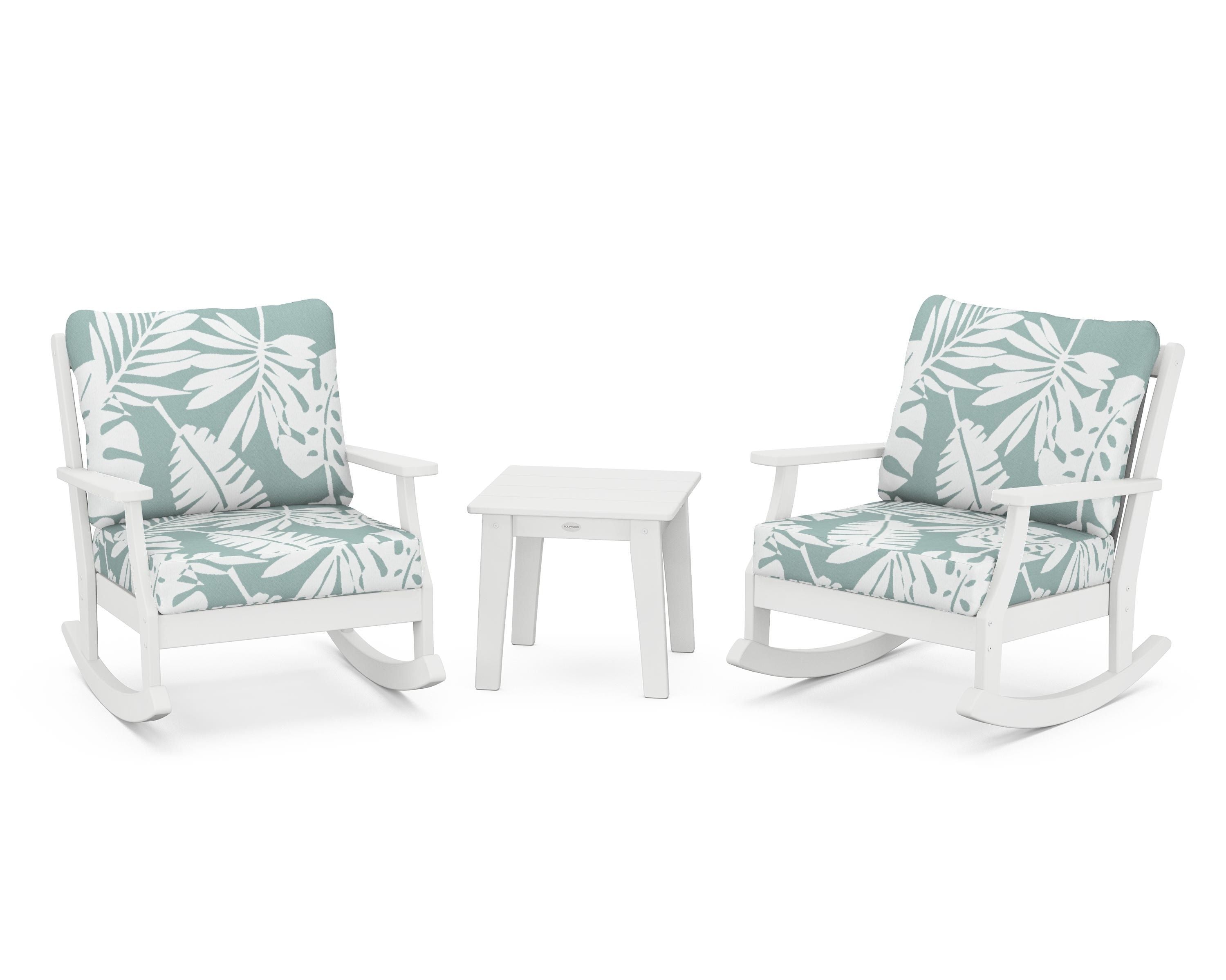 POLYWOOD® Braxton 3-Piece Deep Seating Rocker Set in White / Leaf Glacier Spa
