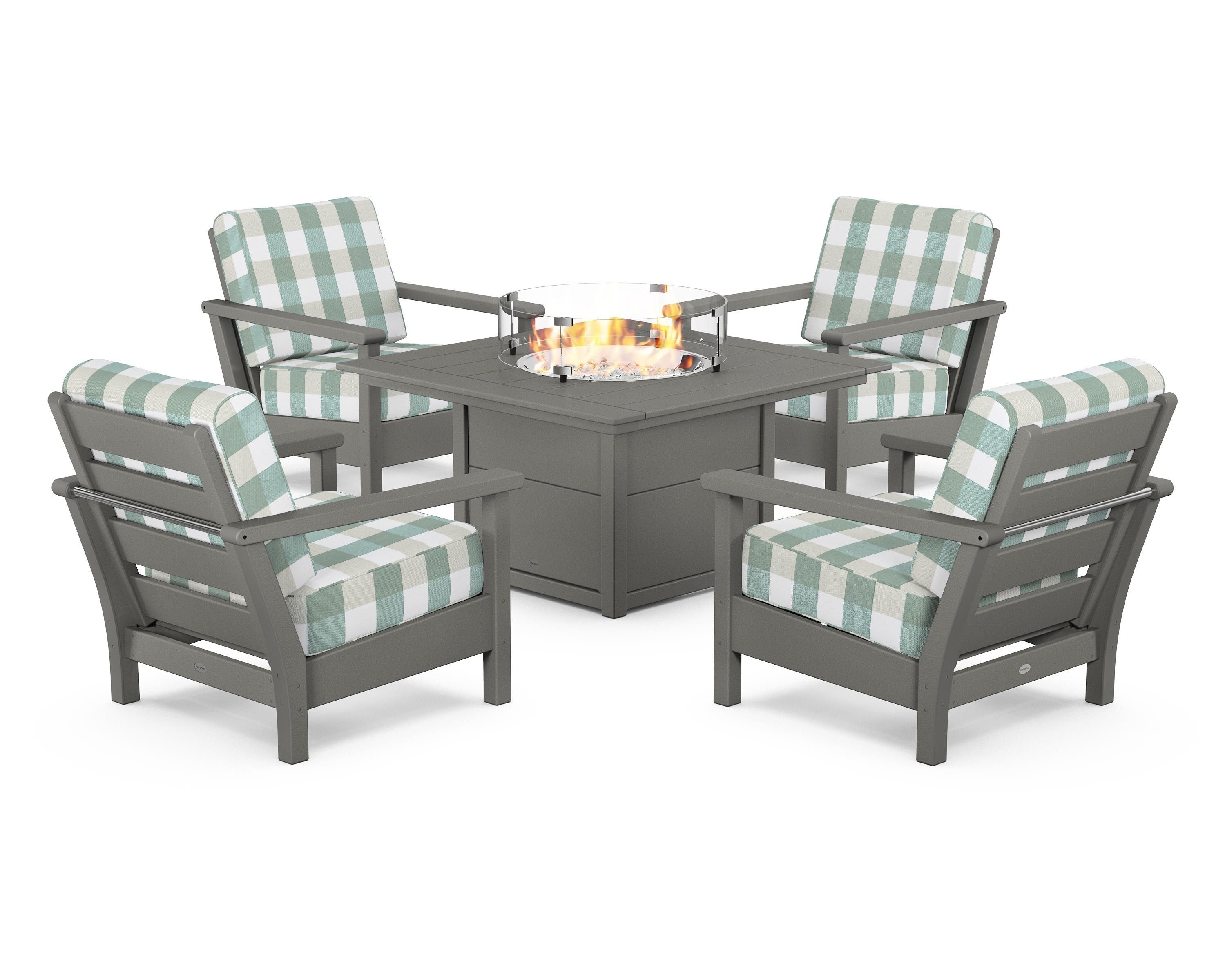 POLYWOOD® Harbour 5-Piece Conversation Set with Fire Pit Table in Slate Grey / Buffalo Plaid Glacier Spa