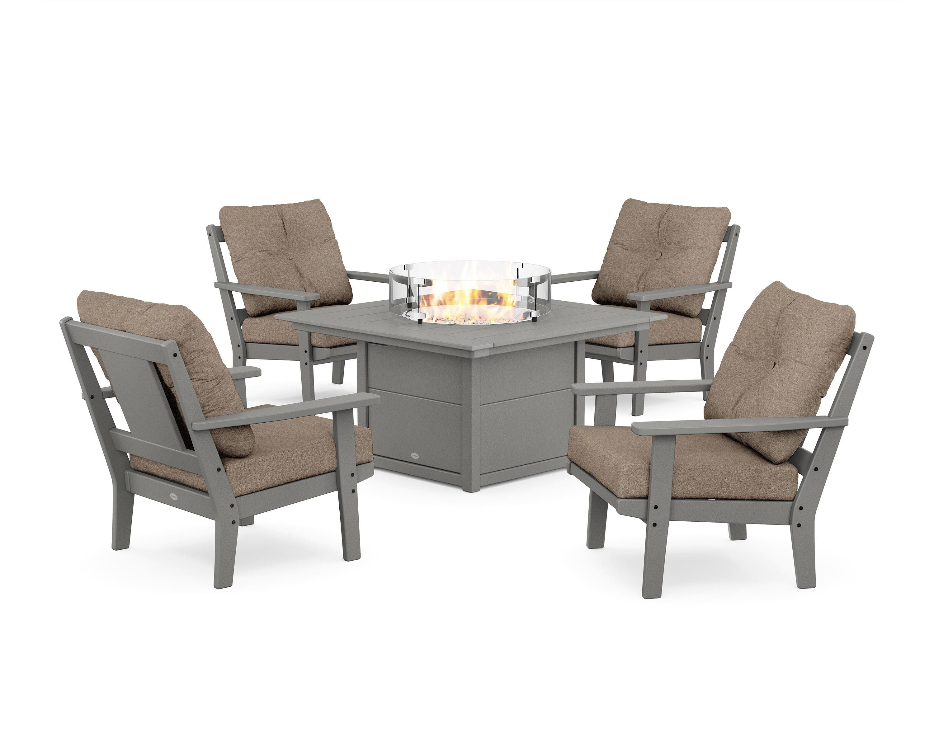 POLYWOOD® Prairie 5-Piece Deep Seating Set with Fire Pit Table in Slate Grey / Spiced Burlap