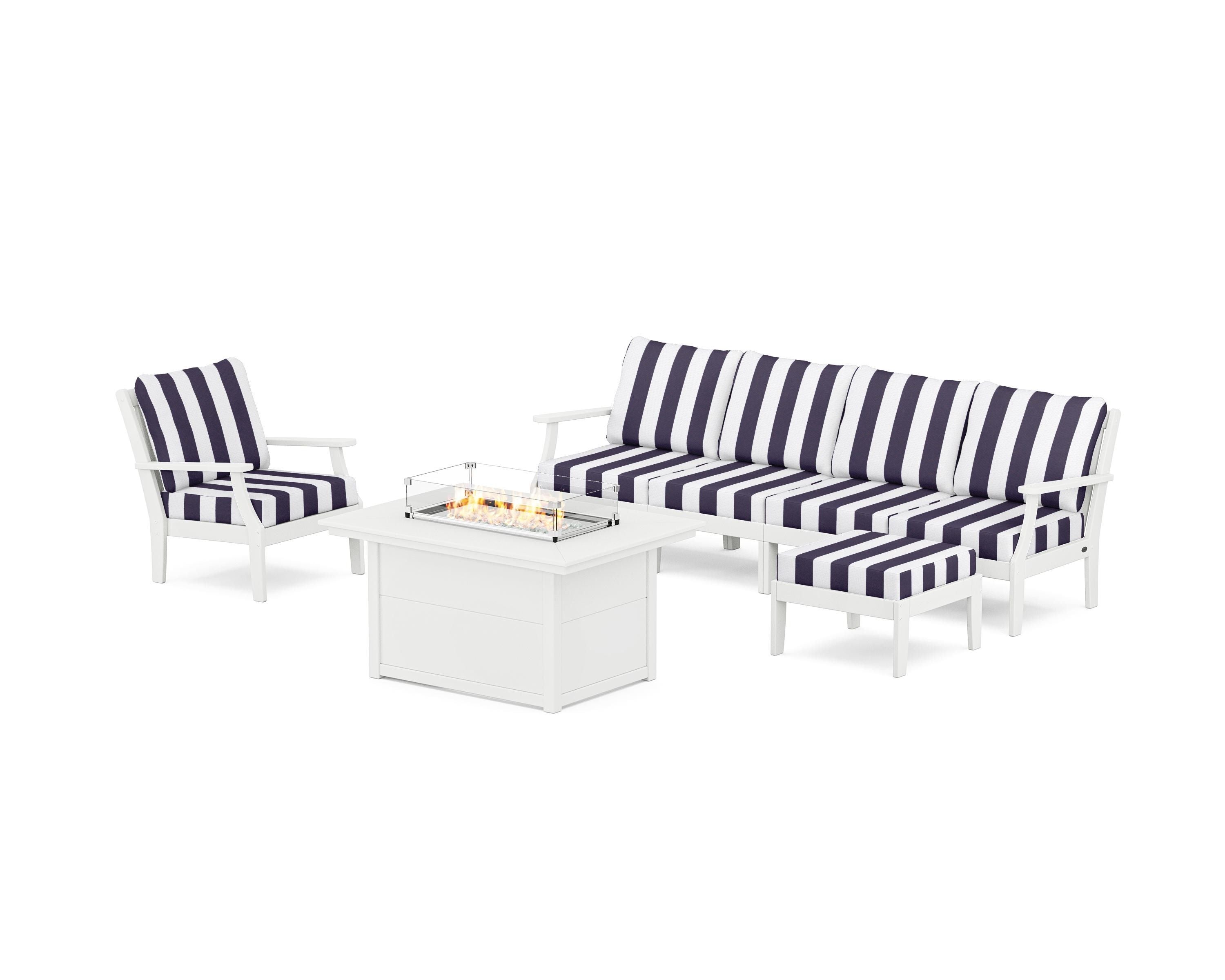 POLYWOOD® Braxton Sectional Lounge and Fire Pit Set in White / Cabana Stripe Navy