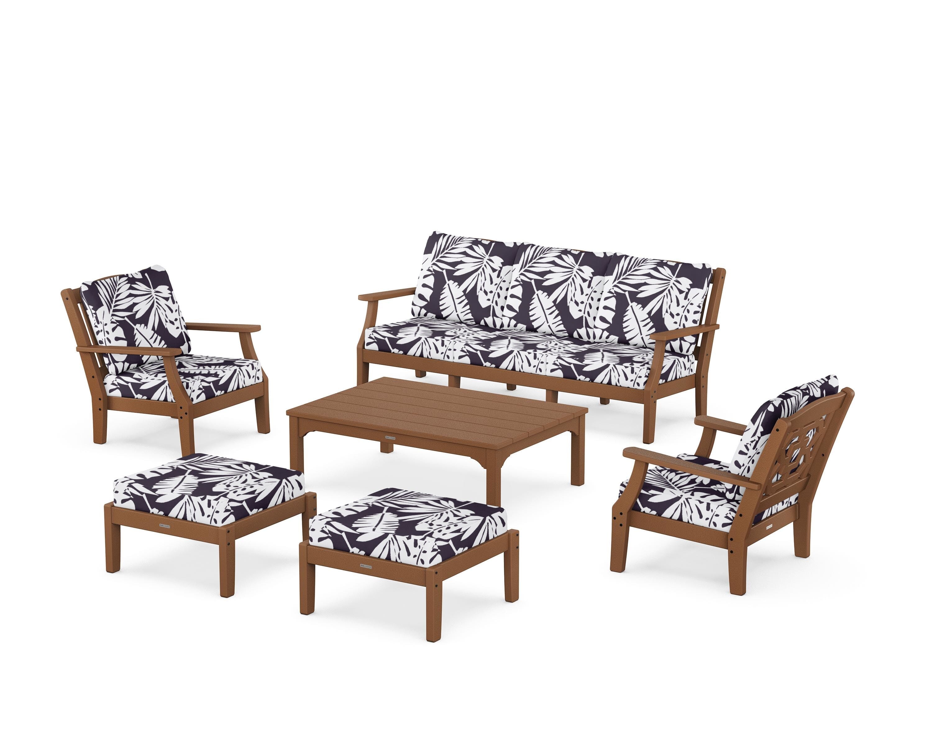 Martha Stewart by POLYWOOD® Chinoiserie 6-Piece Lounge Sofa Set in Teak / Leaf Navy