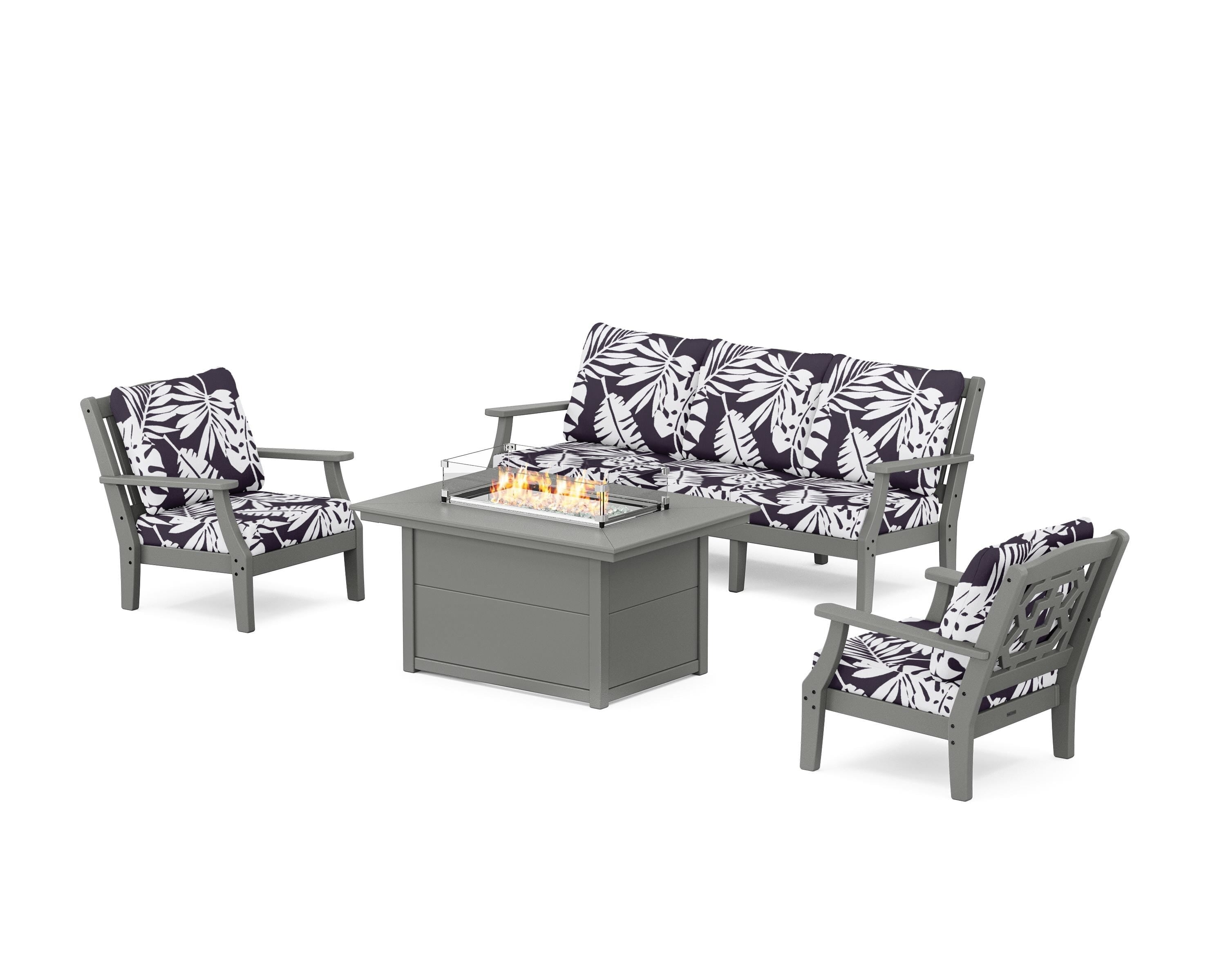 Martha Stewart by POLYWOOD® Chinoiserie Deep Seating Fire Pit Table Set in Slate Grey / Leaf Navy
