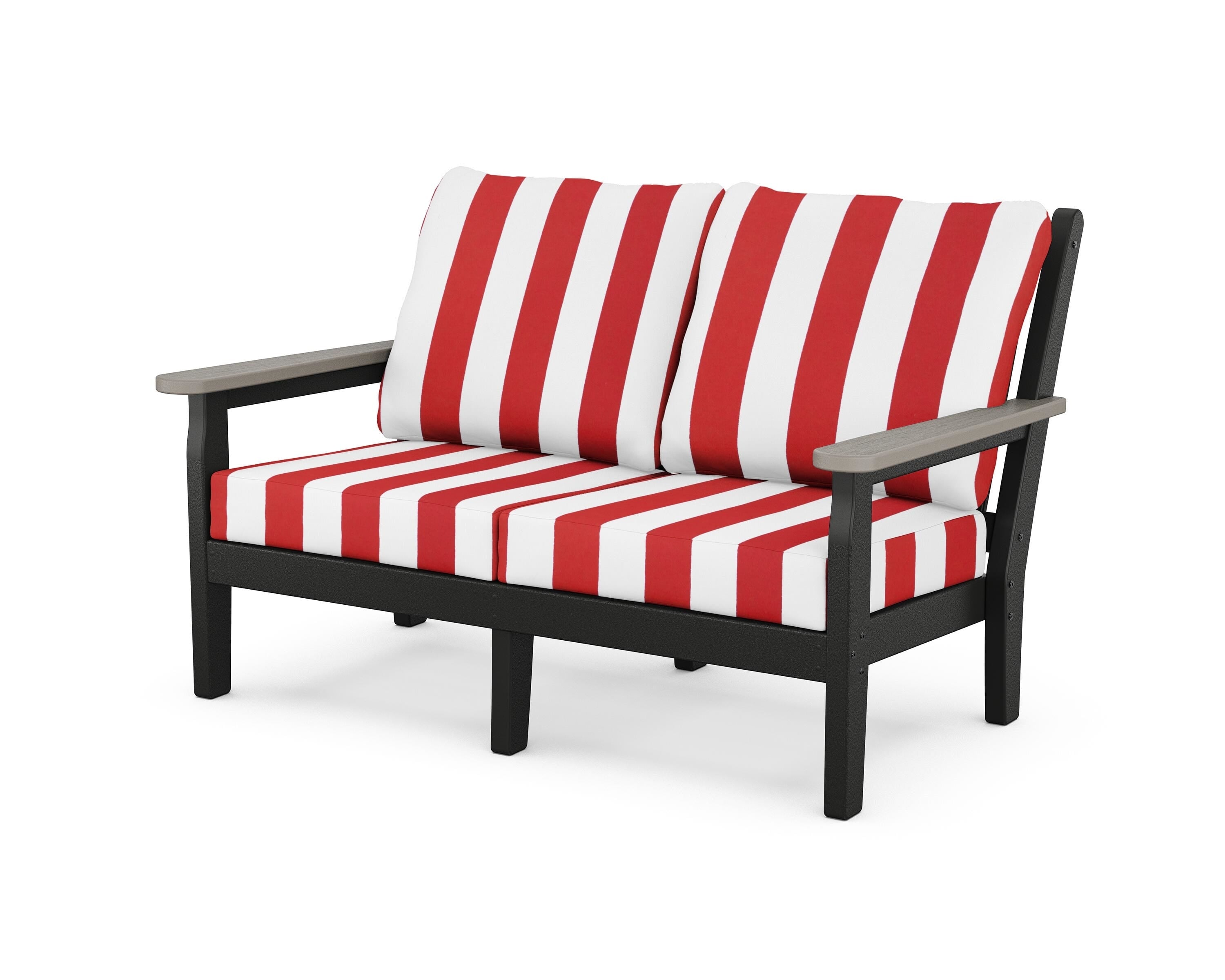POLYWOOD® Chippendale Deep Seating Loveseat in Black / Driftwood / Cabana Stripe Crimson