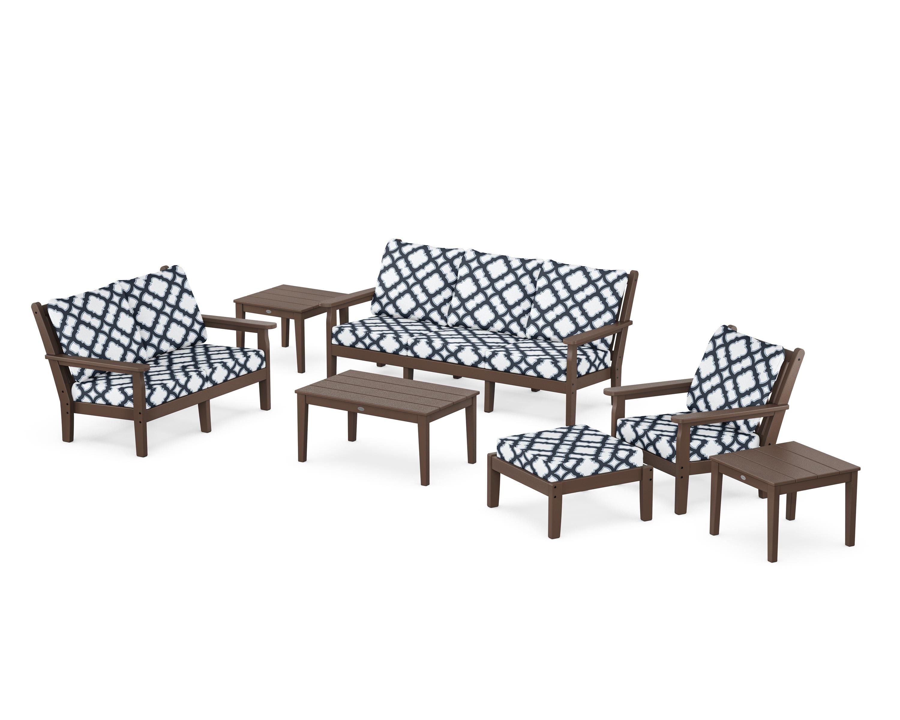 POLYWOOD® Chippendale 7-Piece Deep Seating Set in Mahogany / Trellis Marine Indigo