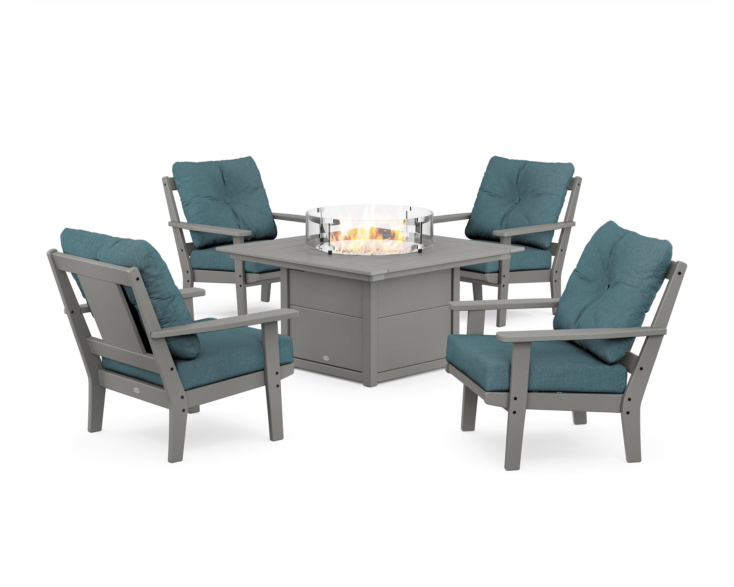 POLYWOOD® Prairie 5-Piece Deep Seating Set with Fire Pit Table in Slate Grey / Ocean Teal
