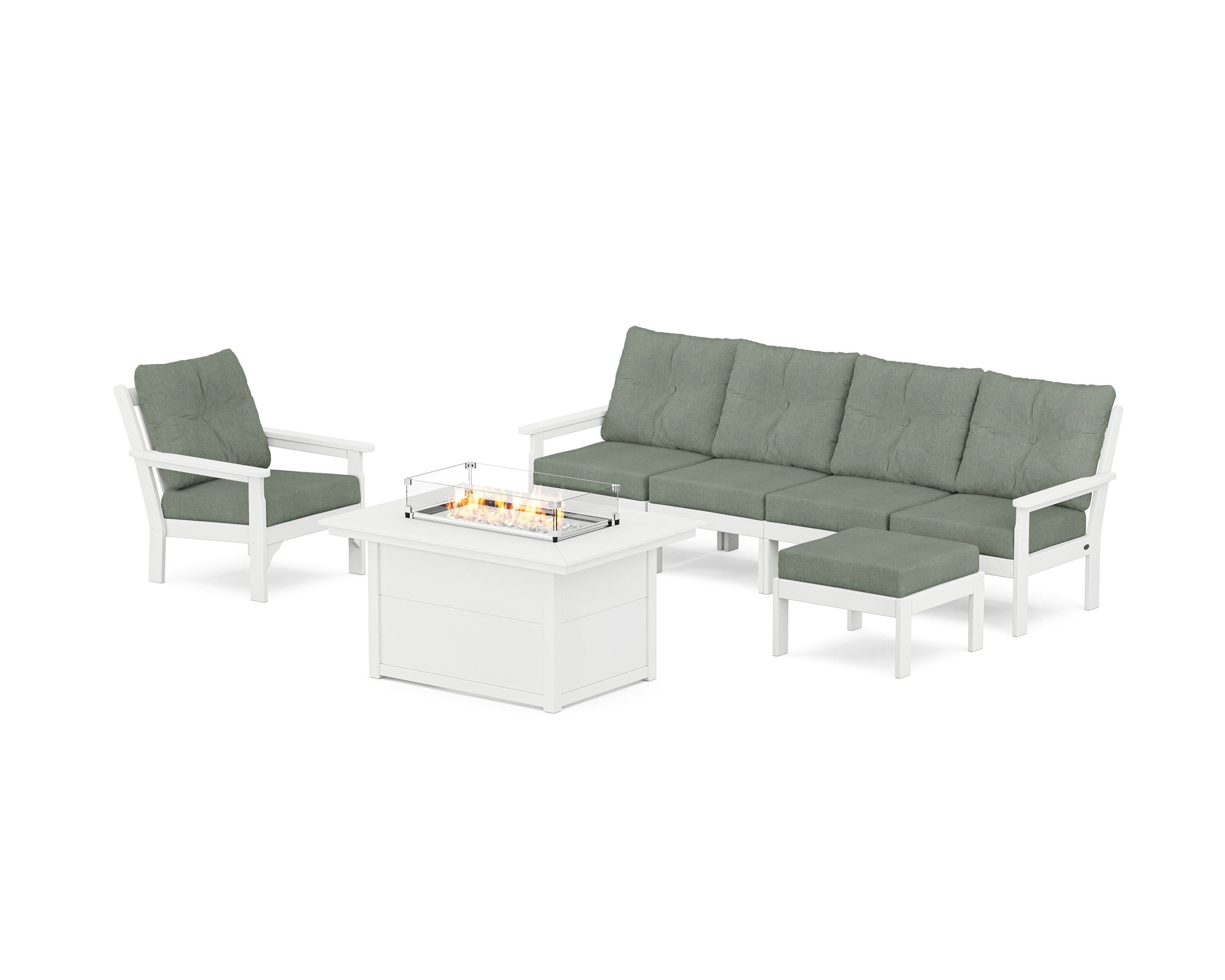 POLYWOOD® Vineyard Sectional Lounge and Fire Pit Set in White / Cast Sage