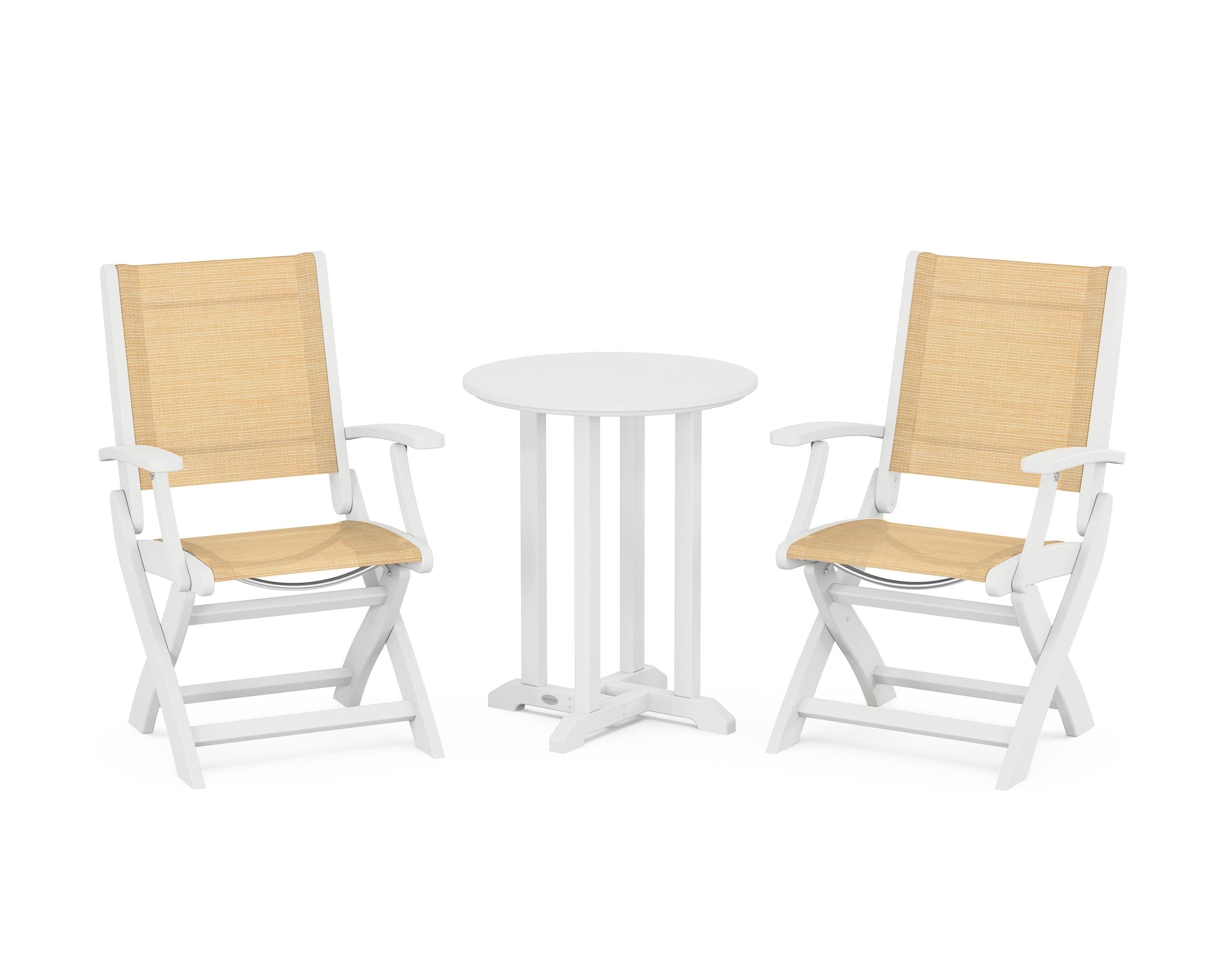 POLYWOOD® Coastal Folding 3-Piece Round Bistro Dining Set in White / Dupioni Apricot Sling