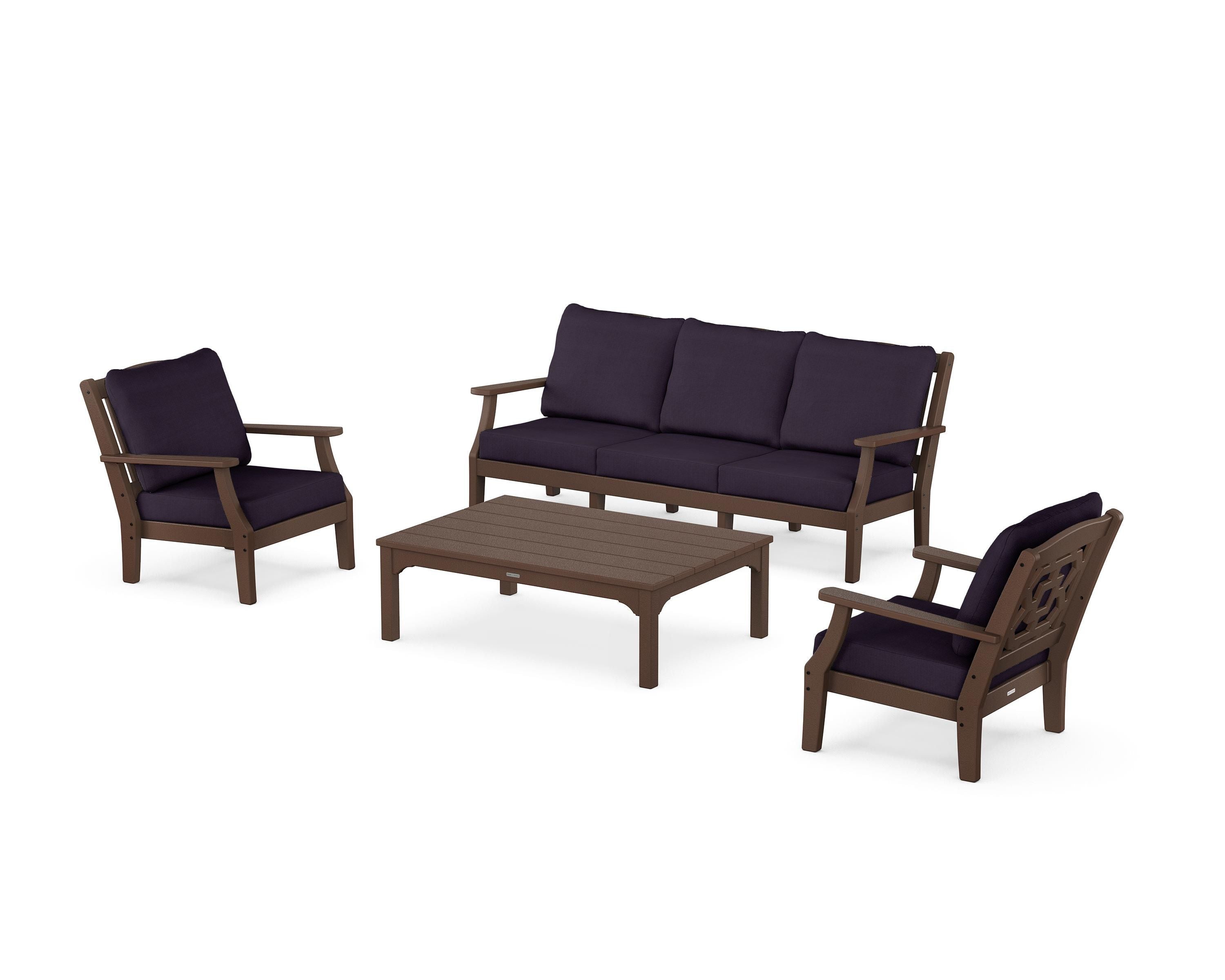 Martha Stewart by POLYWOOD® Chinoiserie 4-Piece Deep Seating Set with Sofa in Mahogany / Navy Linen