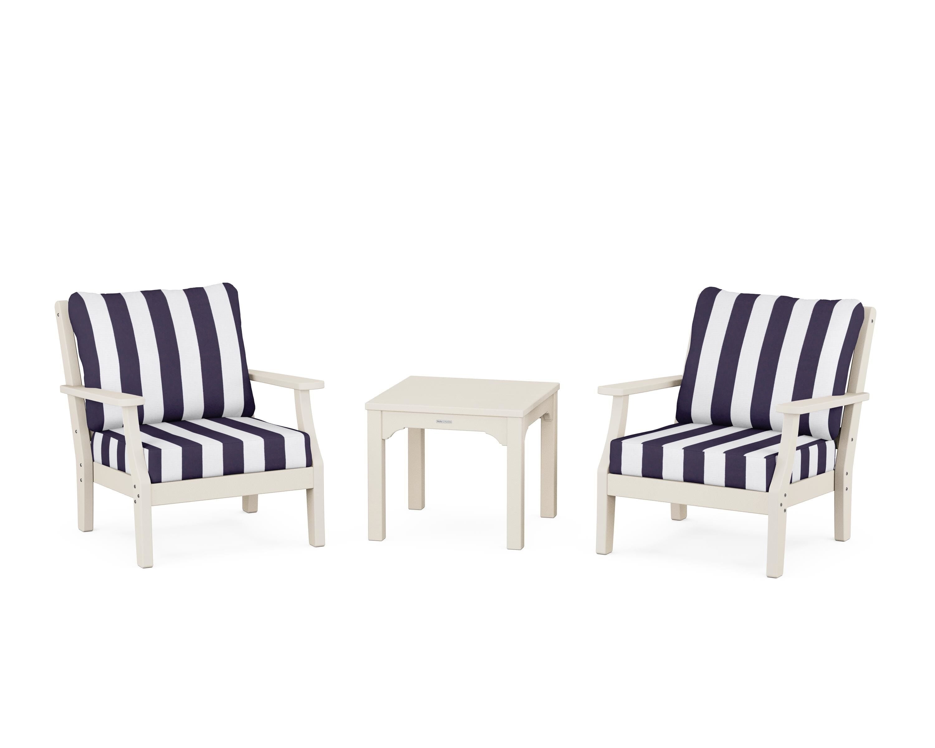 Martha Stewart by POLYWOOD® Chinoiserie 3-Piece Deep Seating Set in Sand / Cabana Stripe Navy