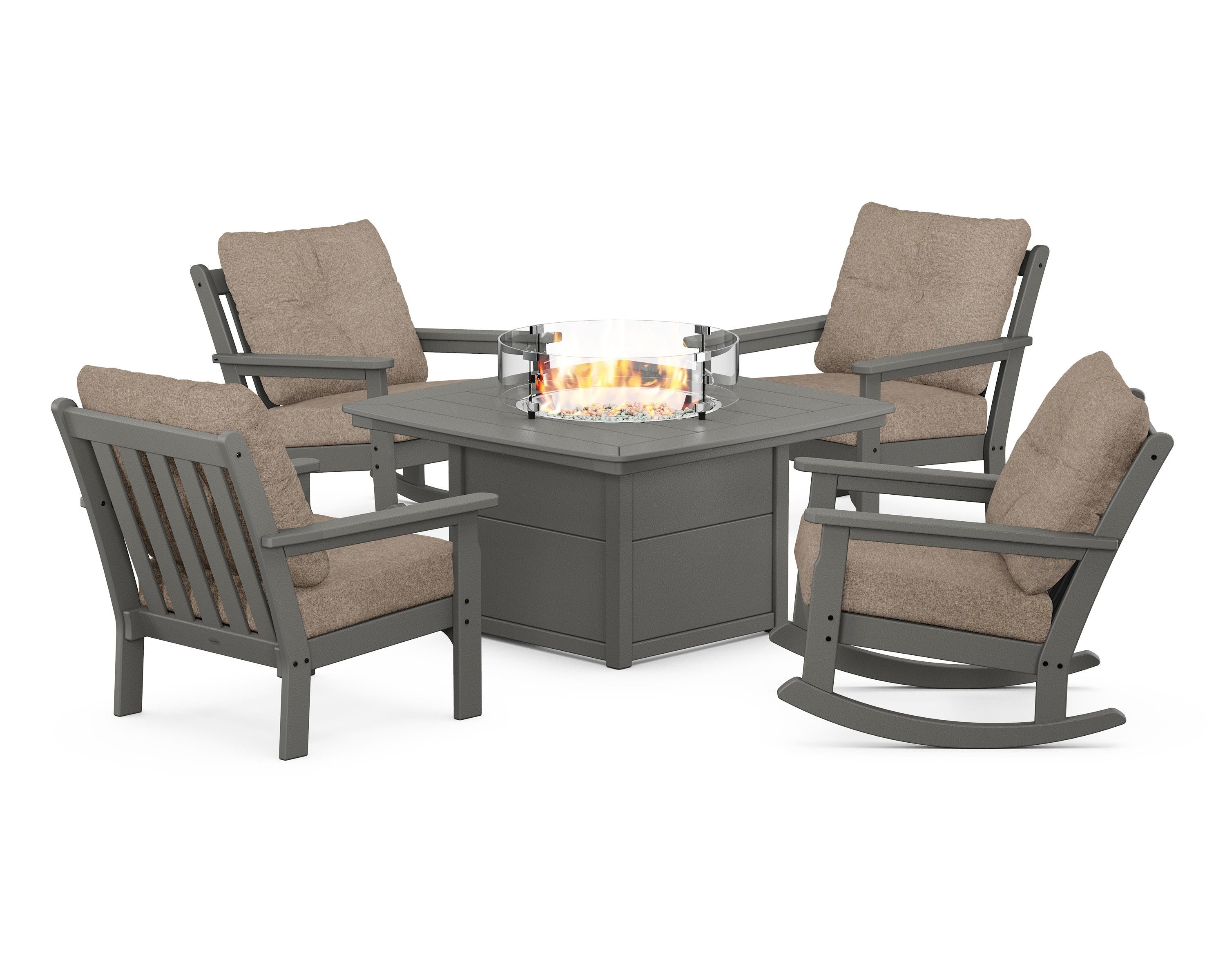 POLYWOOD® Vineyard 5-Piece Deep Seating Rocking Chair Conversation Set with Fire Pit Table in Slate Grey / Spiced Burlap