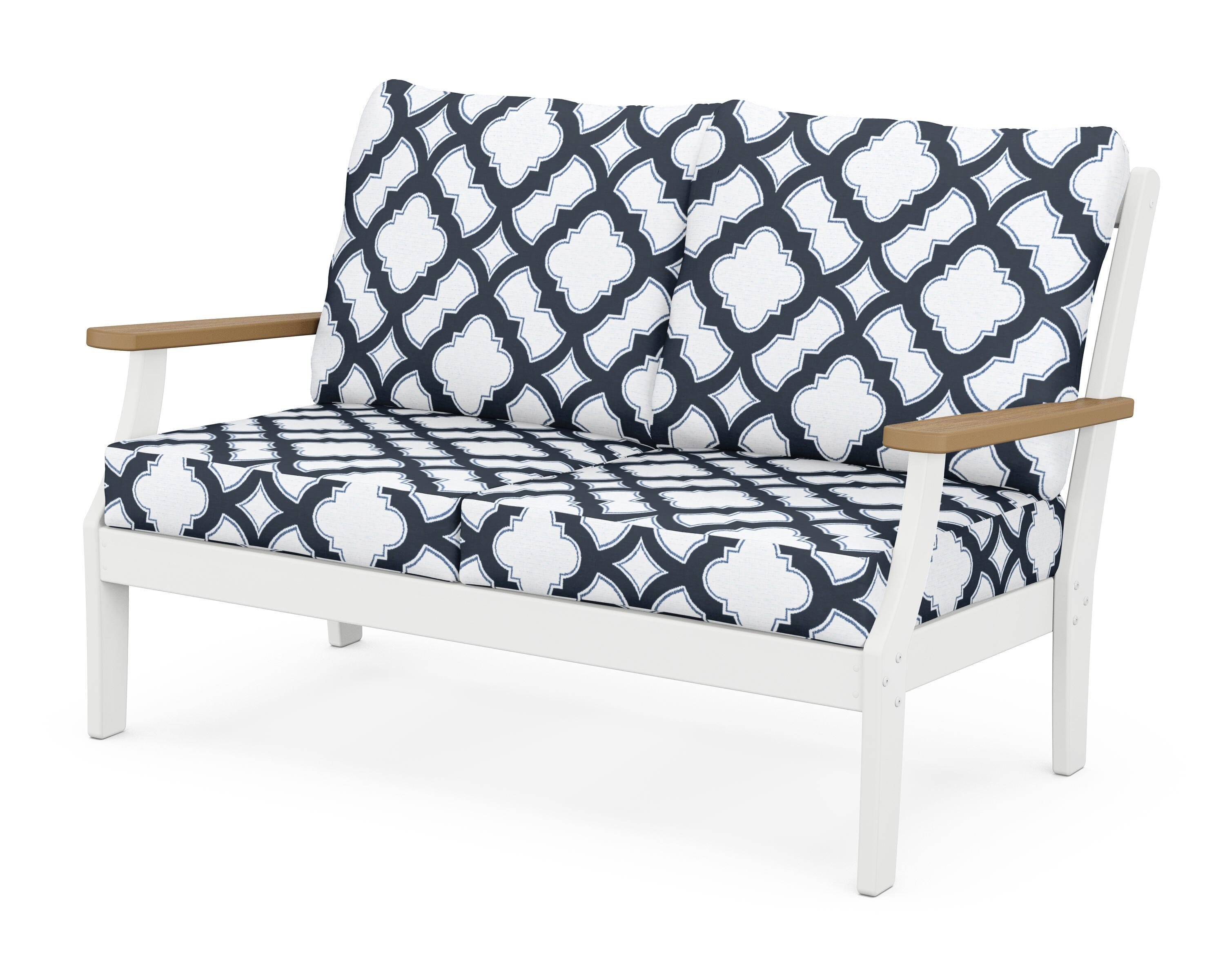 POLYWOOD® Braxton Deep Seating Loveseat in White / Natural / Trellis Marine Indigo