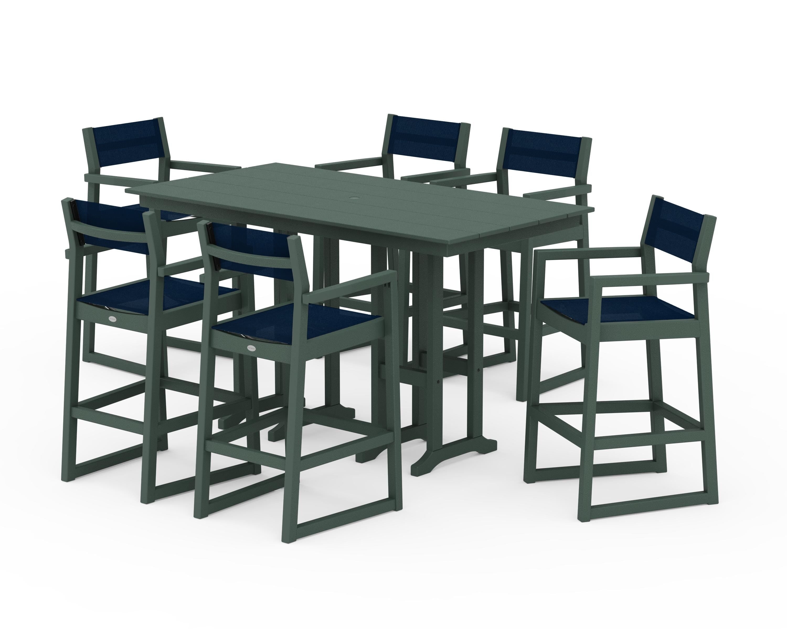 POLYWOOD® EDGE Sling Arm Chair 7-Piece Farmhouse Bar Set in Green / Navy Blue Sling