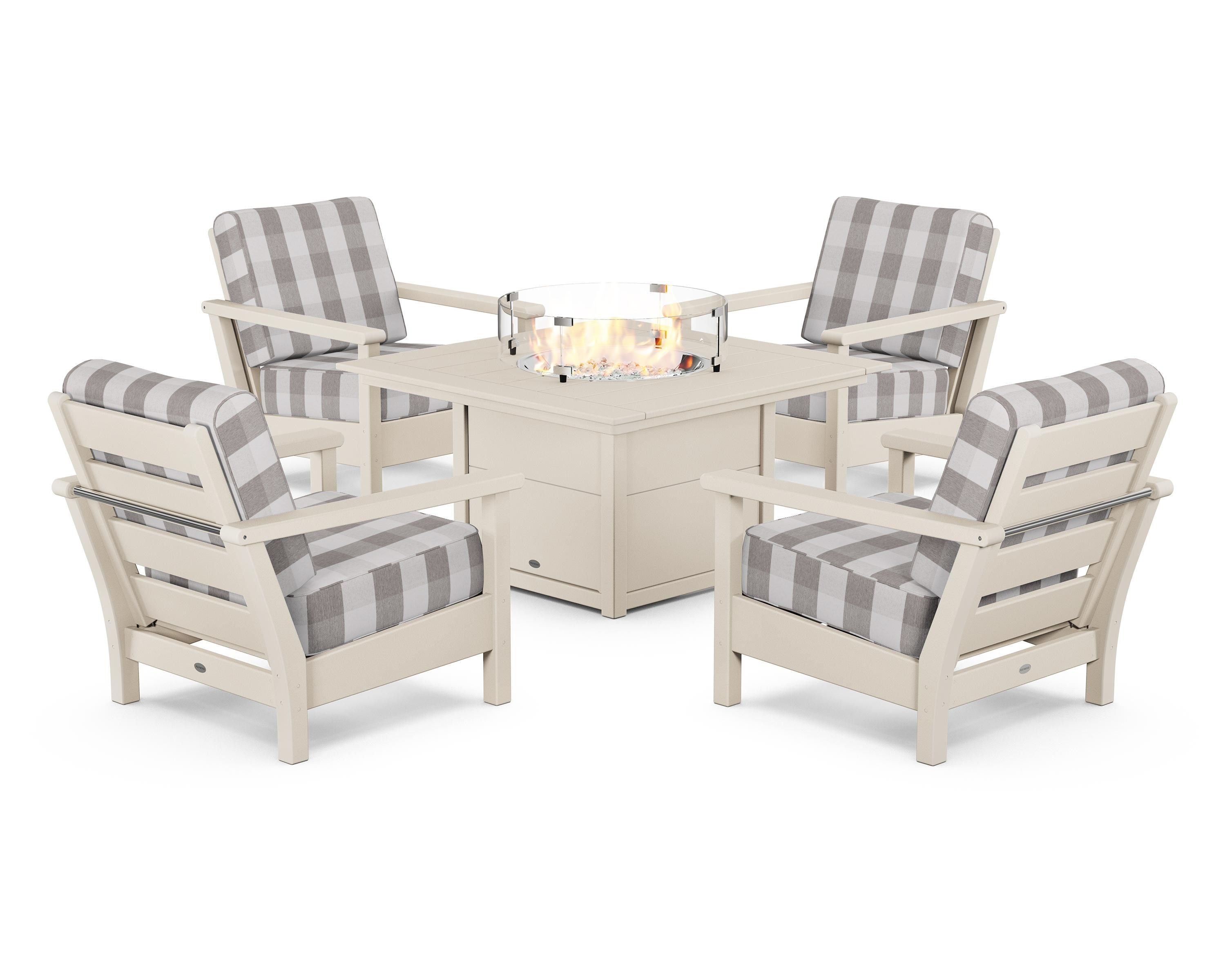 POLYWOOD® Harbour 5-Piece Conversation Set with Fire Pit Table in Sand / Buffalo Plaid Grey Mist