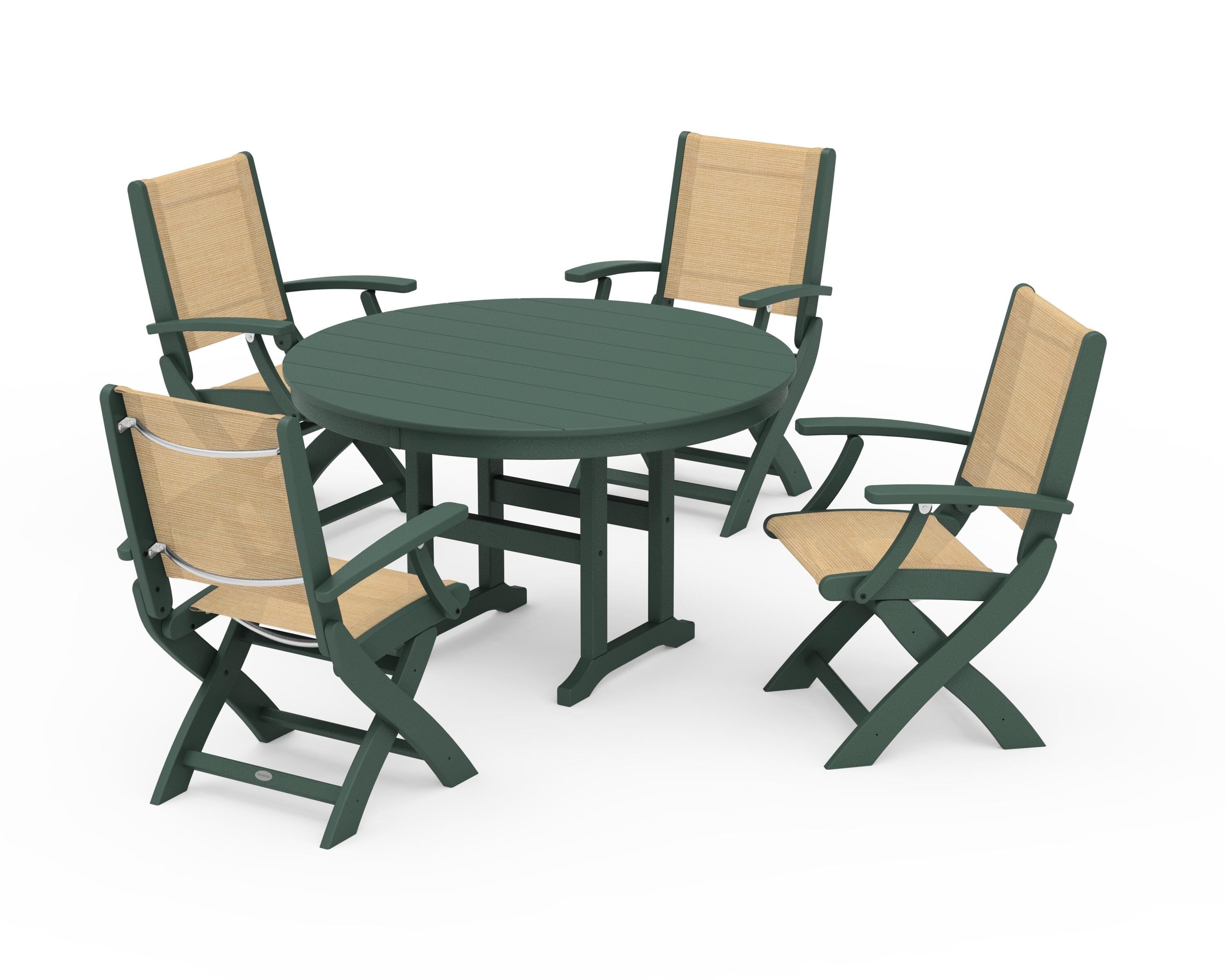POLYWOOD® Coastal Folding Chair 5-Piece Round Dining Set in Green / Dupioni Apricot Sling