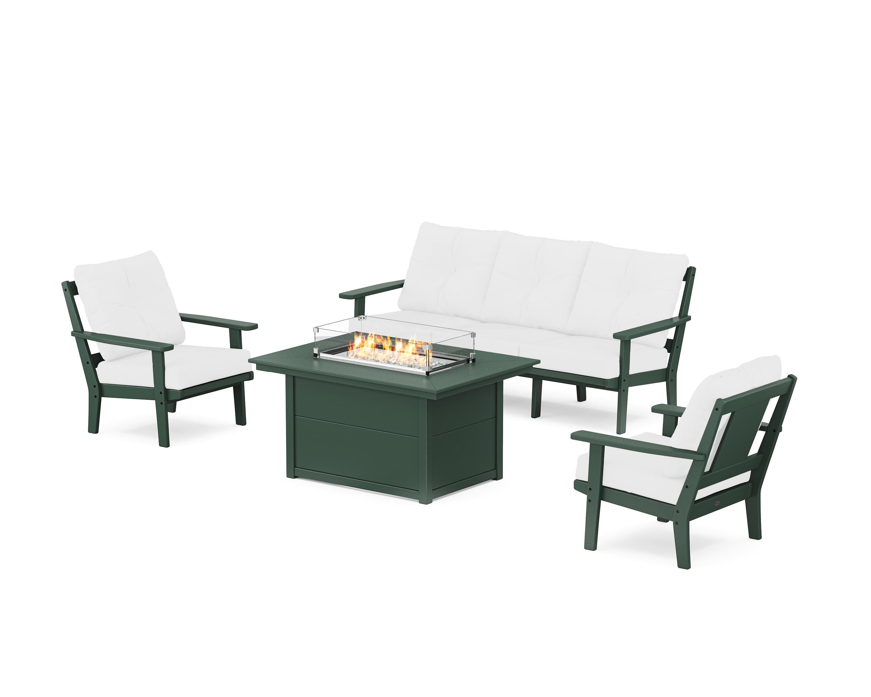 POLYWOOD® Prairie Deep Seating Fire Pit Table Set in Green / Natural
