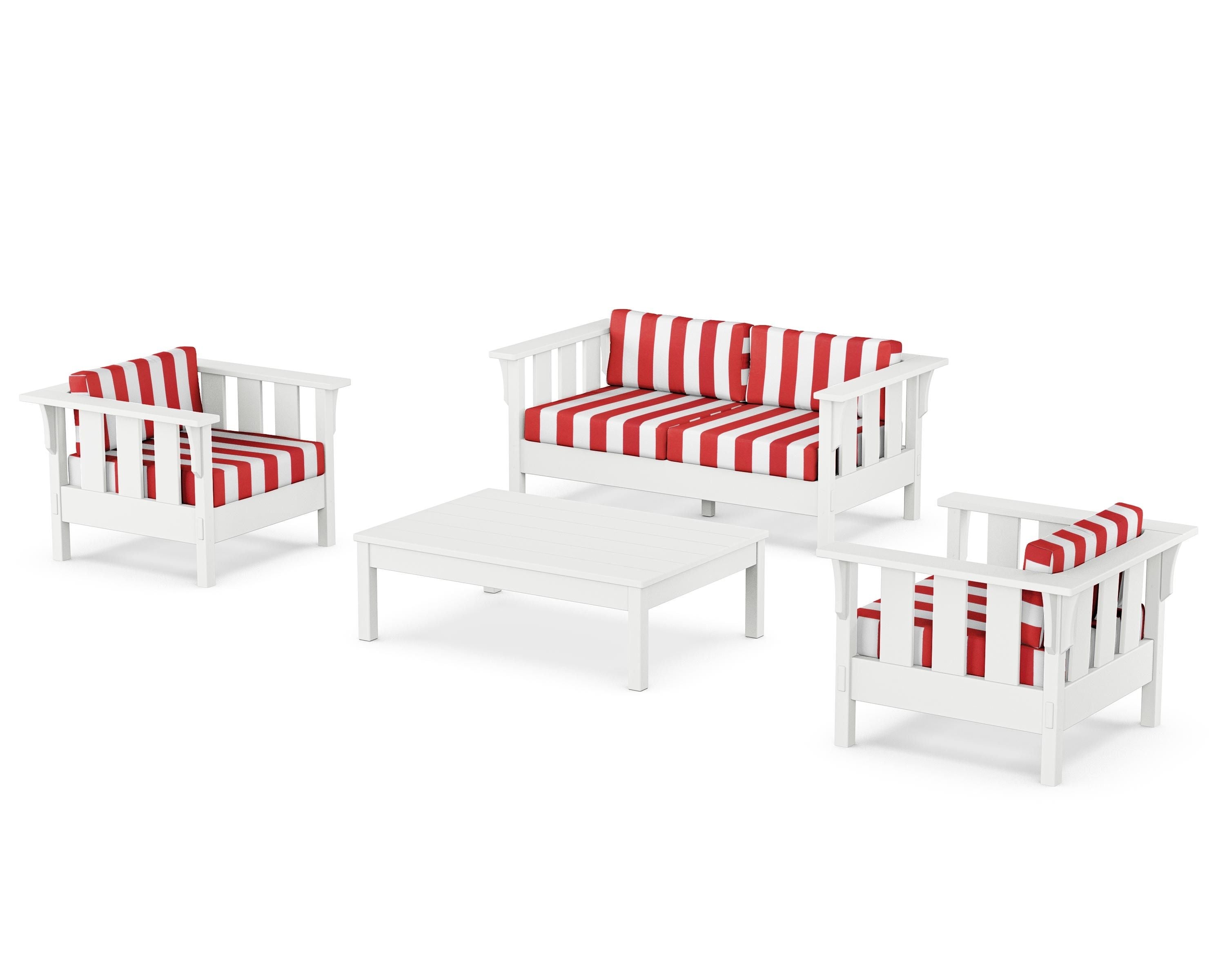 Martha Stewart by POLYWOOD® Acadia 4-Piece Deep Seating Set with Loveseat in White / Cabana Stripe Crimson