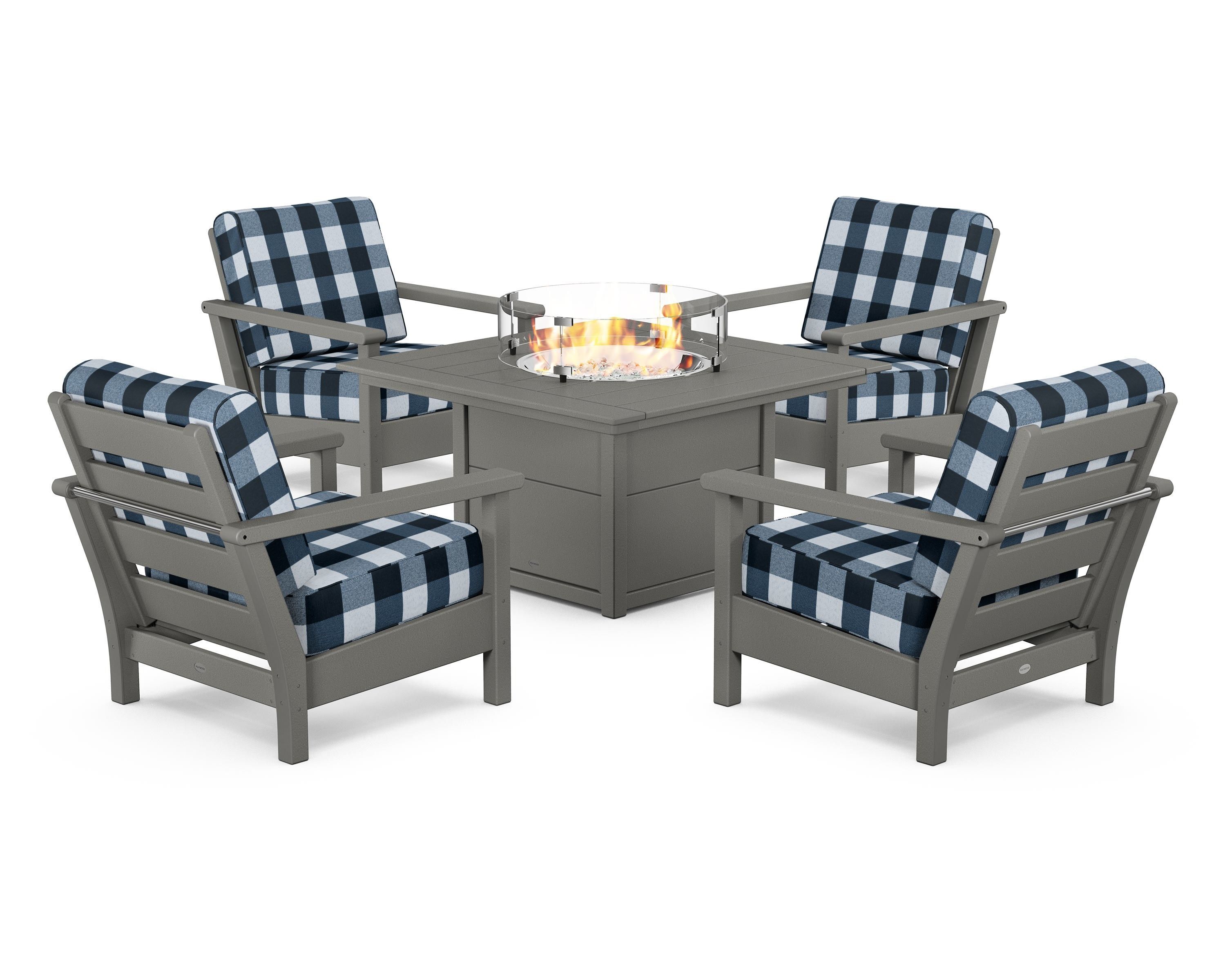 POLYWOOD® Harbour 5-Piece Conversation Set with Fire Pit Table in Slate Grey / Buffalo Plaid Marine Indigo