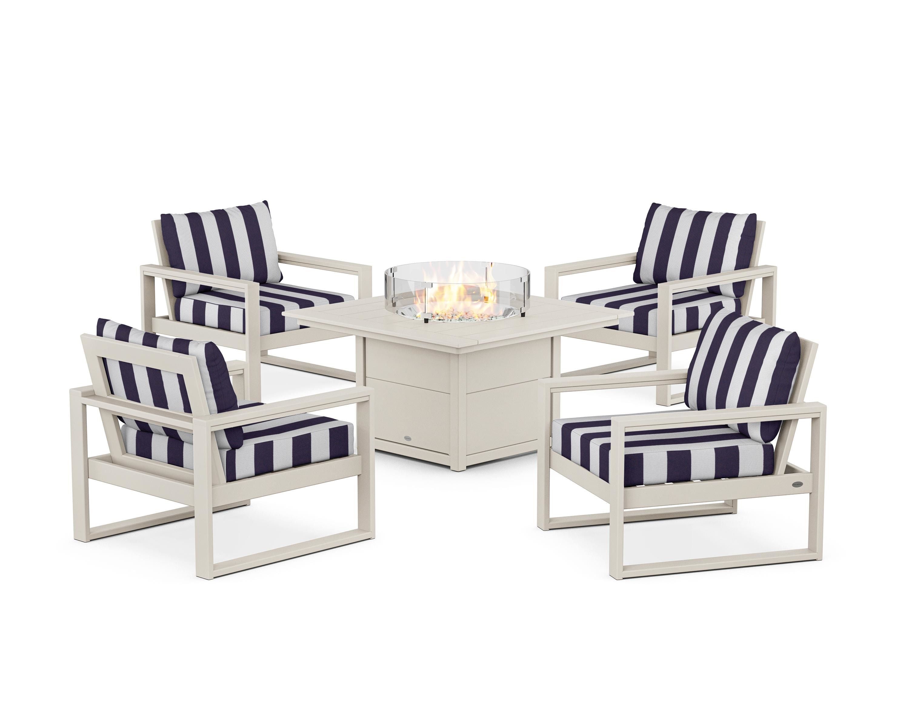POLYWOOD® EDGE Sectional 5-Piece Deep Seating Set with Fire Pit Table in Sand / Cabana Stripe Navy