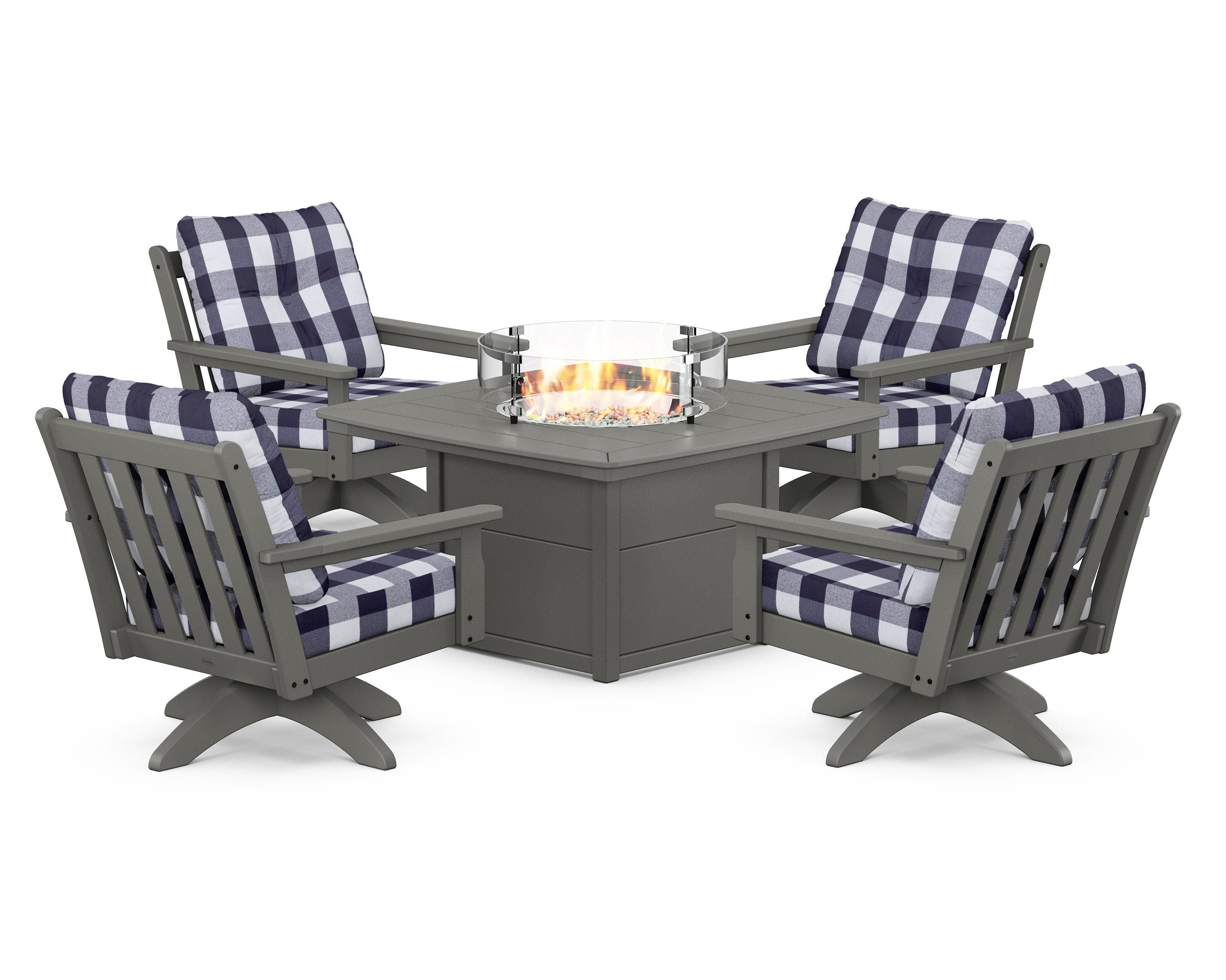 POLYWOOD® Vineyard 5-Piece Deep Seating Swivel Conversation Set with Fire Pit Table in Slate Grey / Buffalo Plaid Navy