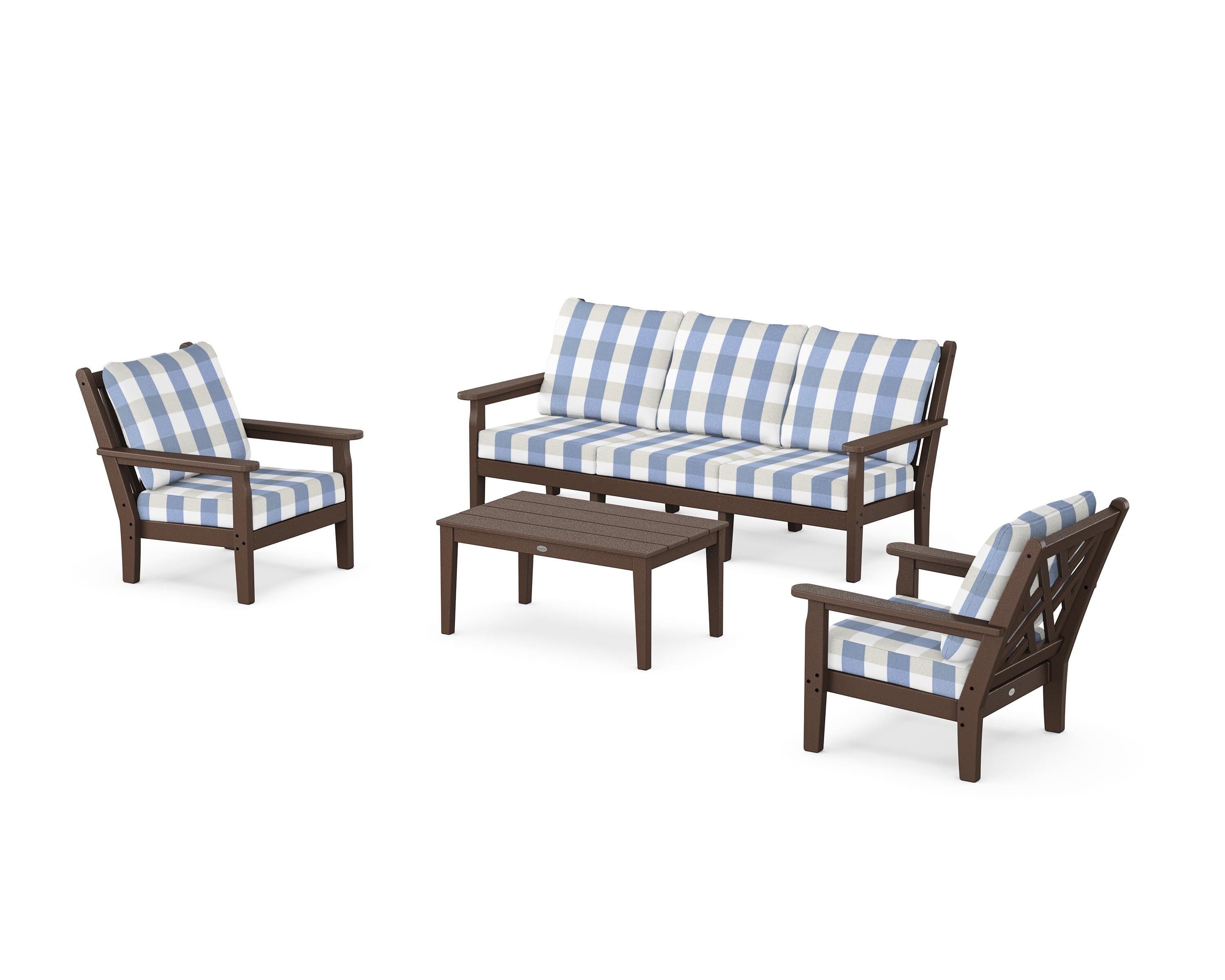 POLYWOOD® Chippendale 4-Piece Deep Seating Set with Sofa in Mahogany / Buffalo Plaid Sky Blue
