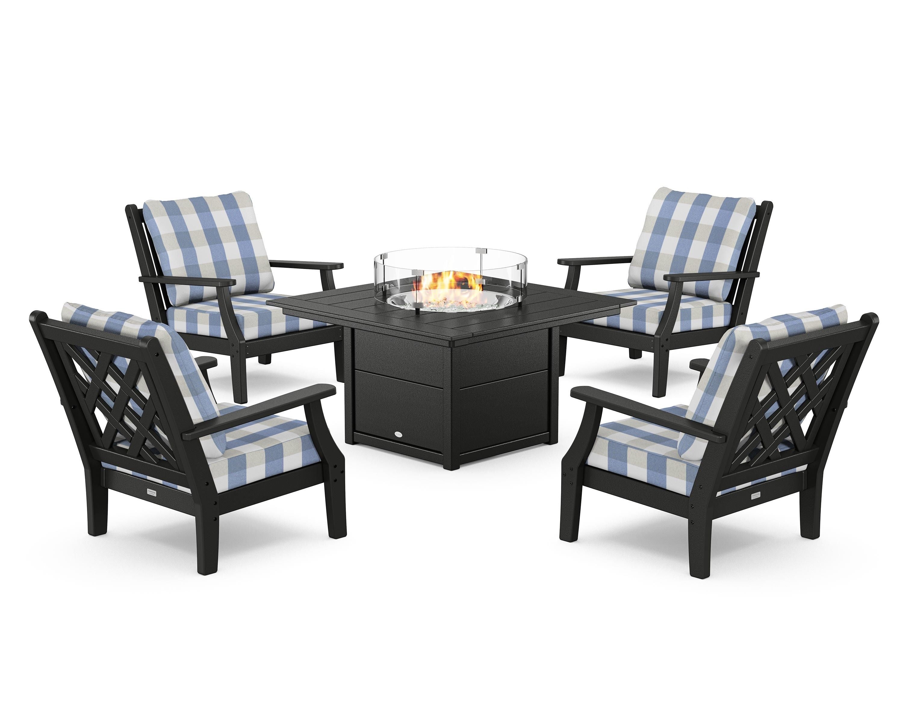 Country Living Wovendale 5-Piece Deep Seating Set with Fire Pit Table in Black / Buffalo Plaid Sky Blue