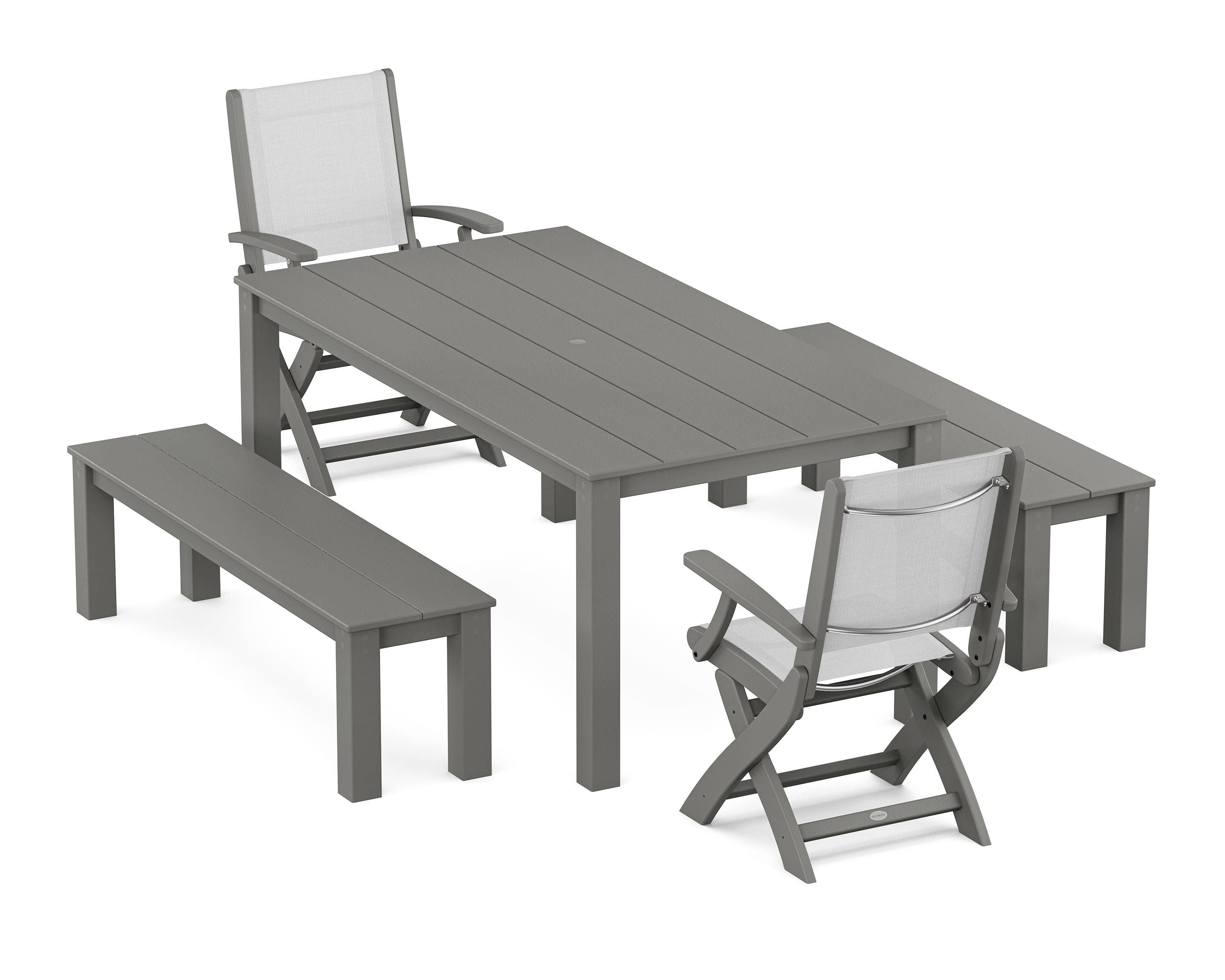 POLYWOOD® Coastal Folding Chair 5-Piece Parsons Dining Set with Benches in Slate Grey / White Sling