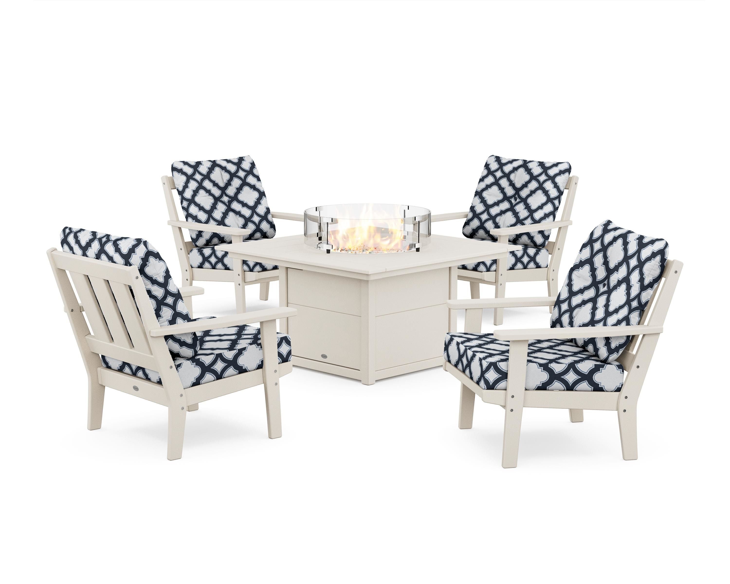 POLYWOOD® Oxford 5-Piece Deep Seating Set with Fire Pit Table in Sand / Trellis Marine Indigo