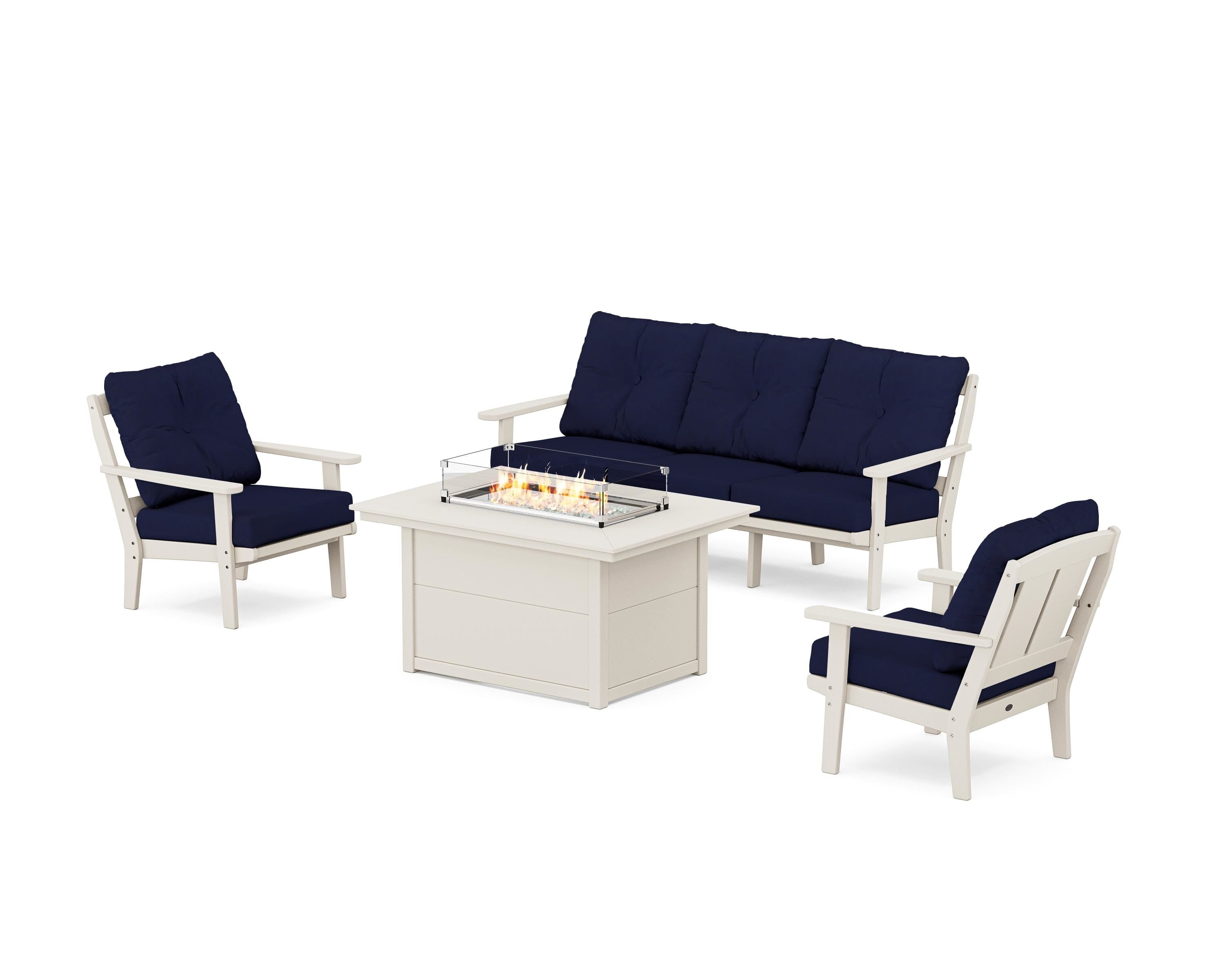 POLYWOOD® Mission Deep Seating Fire Pit Table Set in Sand / Navy
