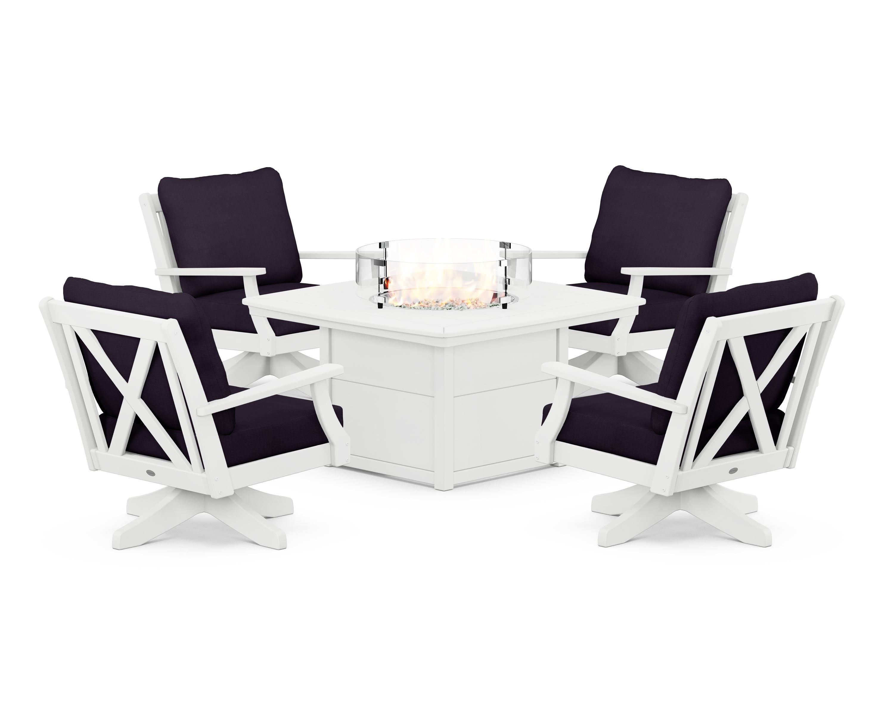 POLYWOOD® Braxton 5-Piece Deep Seating Swivel Conversation Set with Fire Pit Table in White / Navy Linen