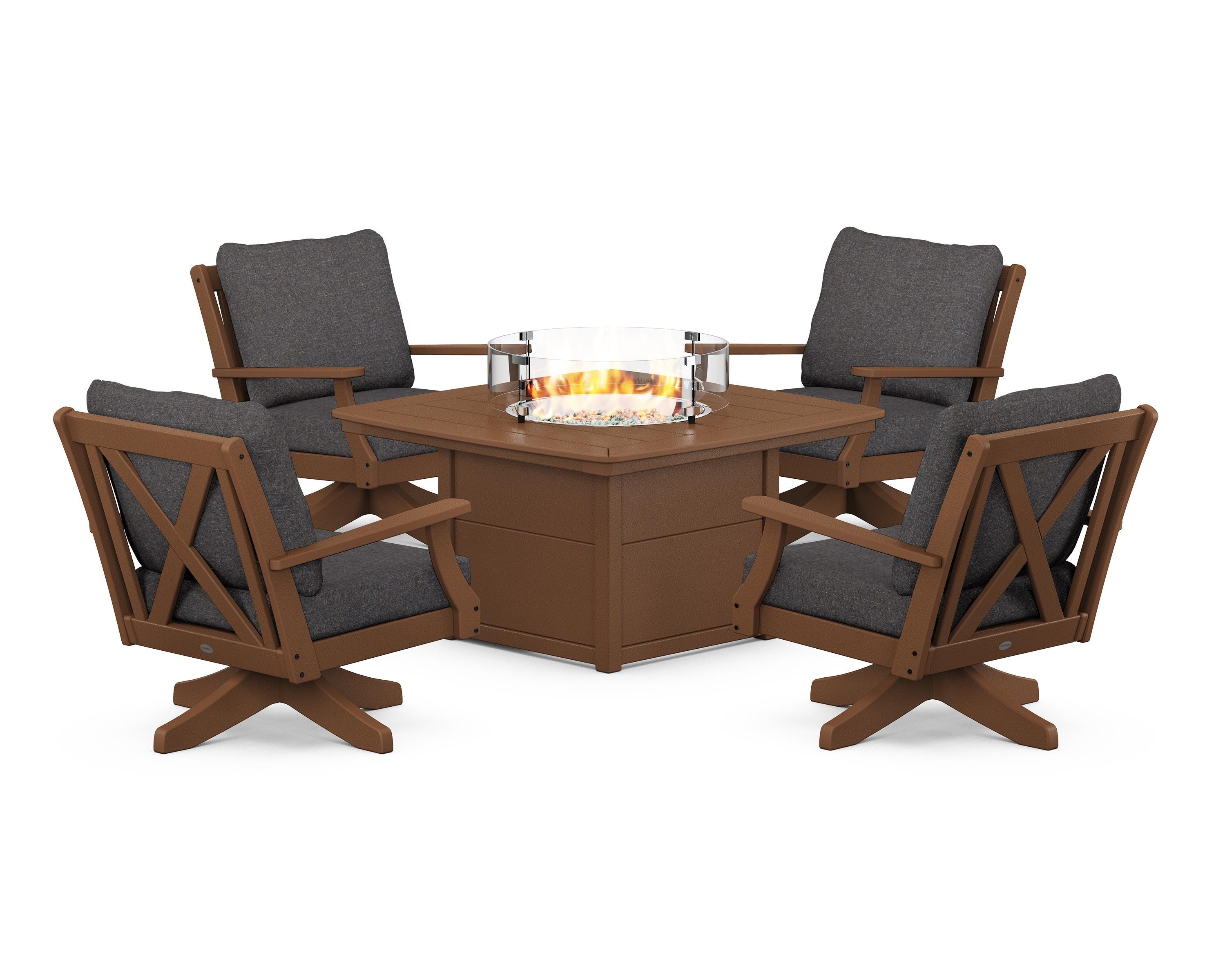 POLYWOOD® Braxton 5-Piece Deep Seating Swivel Conversation Set with Fire Pit Table in Teak / Ash Charcoal
