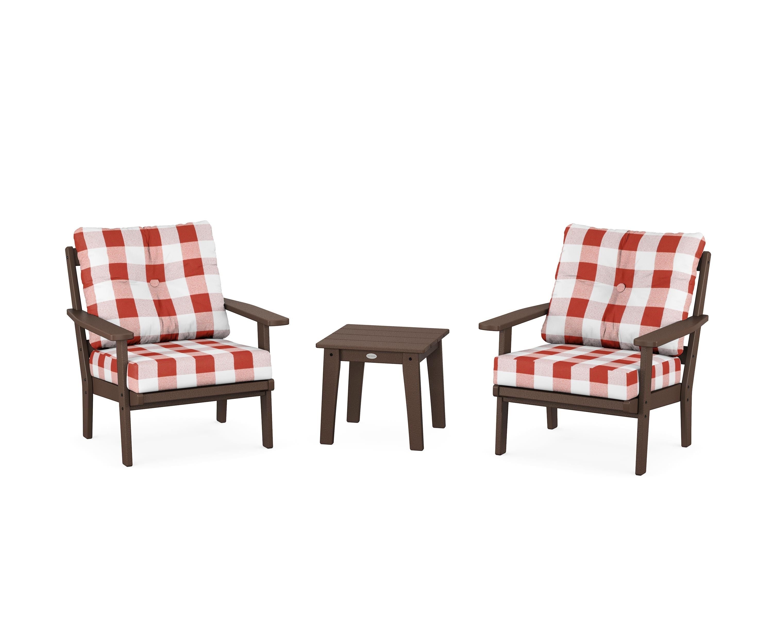 POLYWOOD® Prairie 3-Piece Deep Seating Set in Mahogany / Buffalo Plaid Crimson
