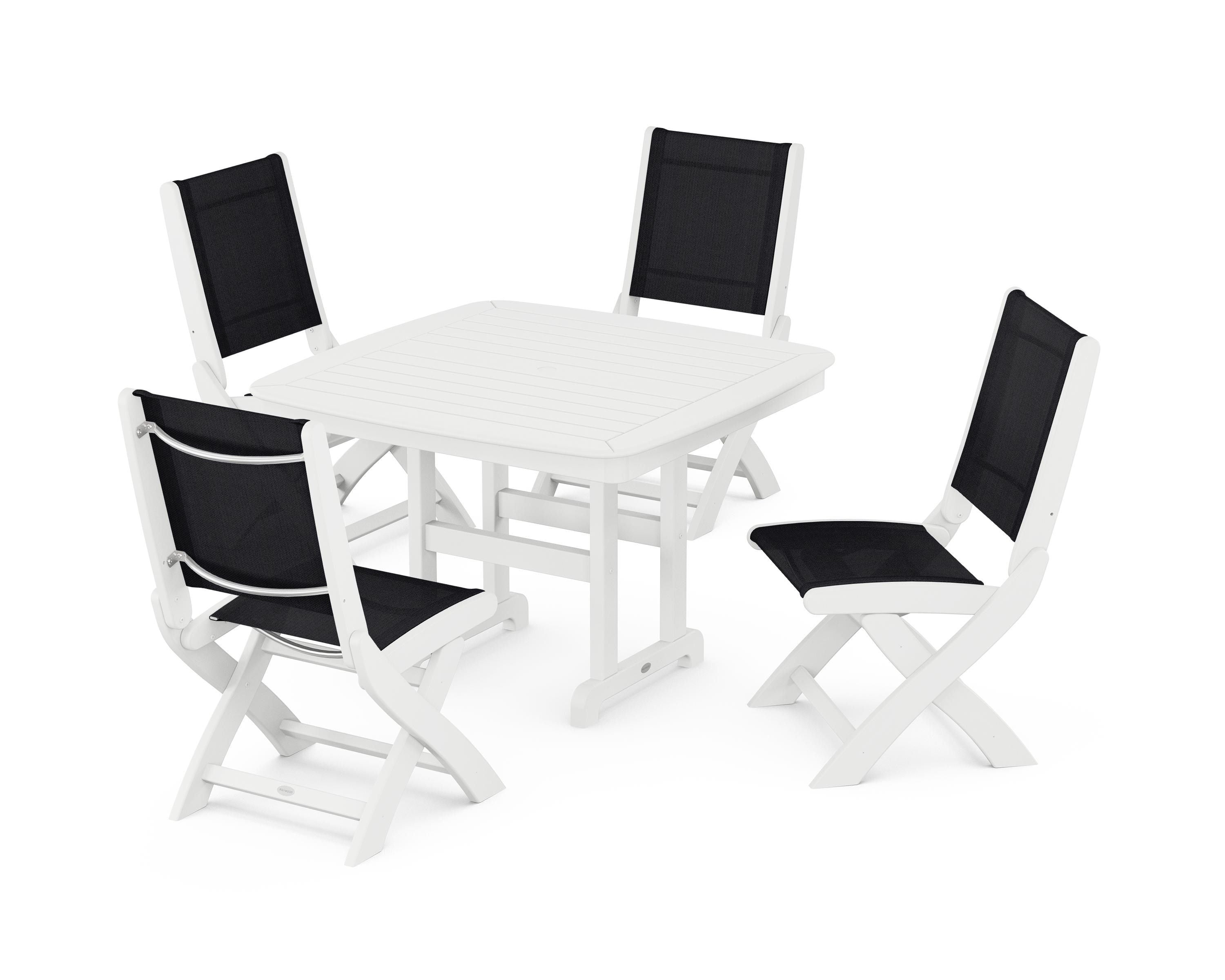 POLYWOOD® Coastal Folding Side Chair 5-Piece Dining Set in White / Black Sling