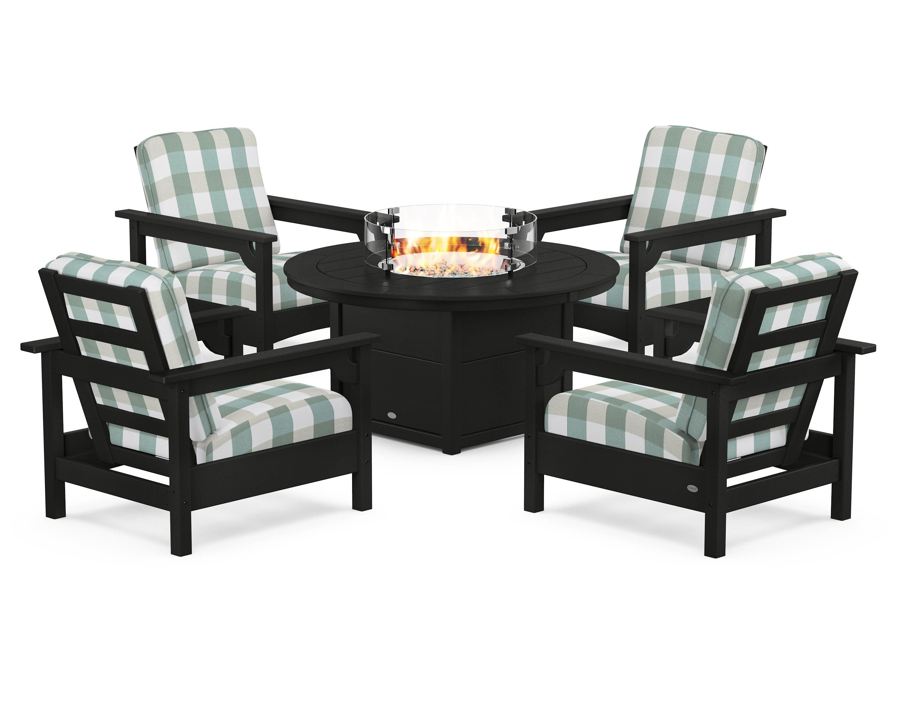 POLYWOOD® Club 5-Piece Conversation Set with Fire Pit Table in Black / Buffalo Plaid Glacier Spa