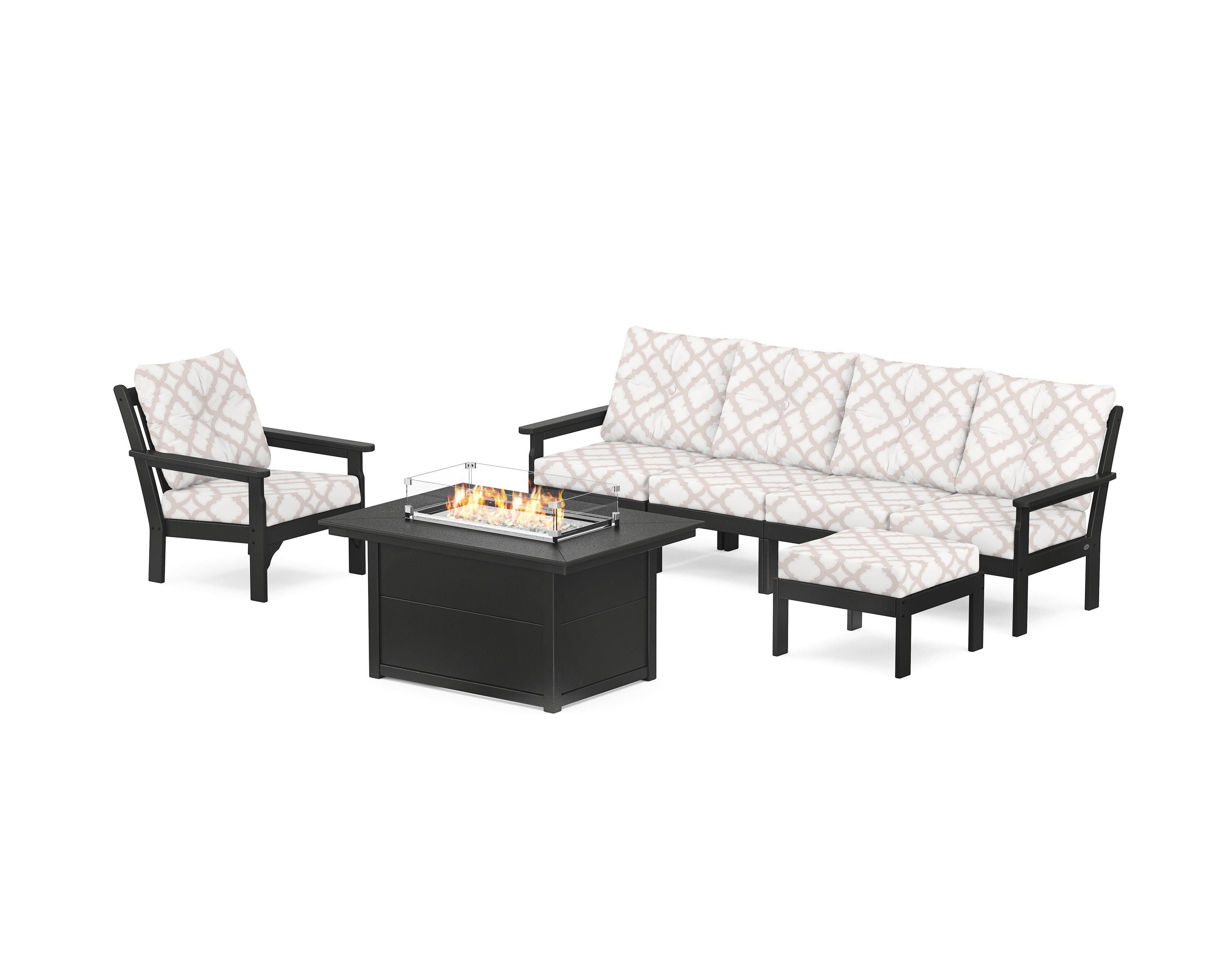 POLYWOOD® Vineyard Sectional Lounge and Fire Pit Set in Black / Trellis Dune Burlap