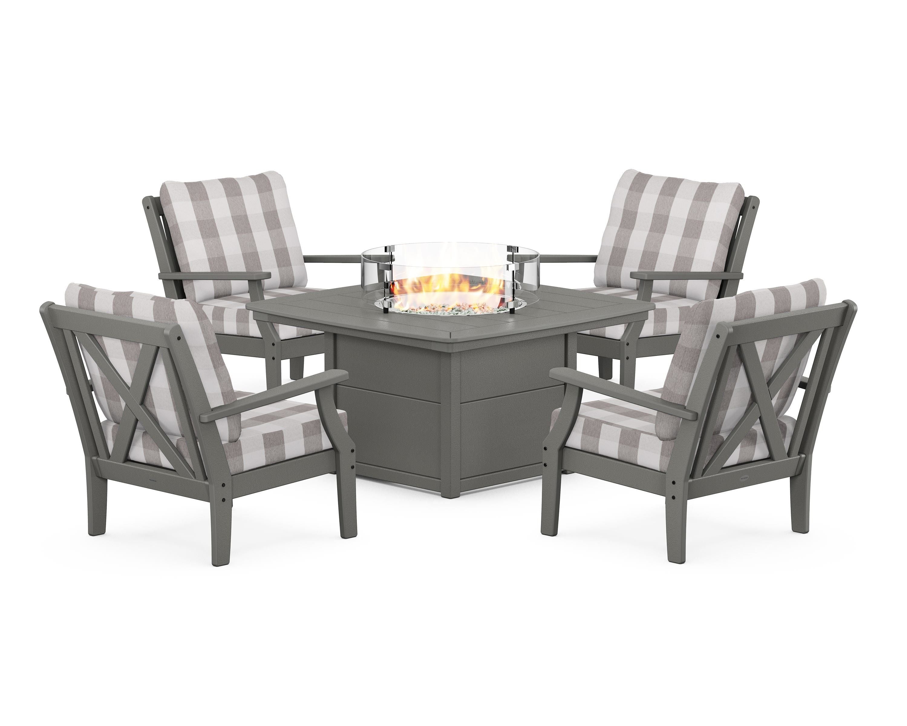 POLYWOOD® Braxton 5-Piece Deep Seating Conversation Set with Fire Pit Table in Slate Grey / Buffalo Plaid Grey Mist